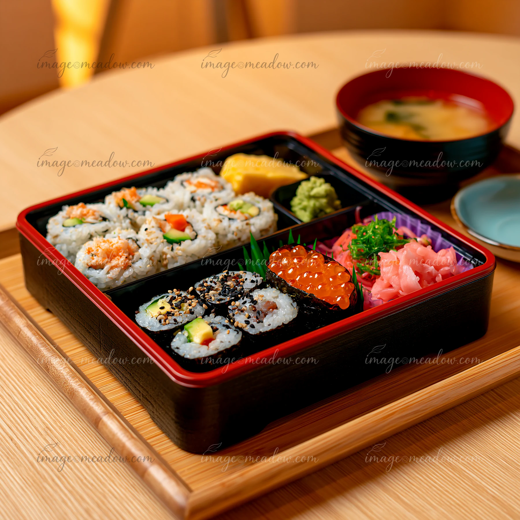 This sushi lunch box with compartments includes various types of sushi, wasabi, and pickled ginger, accompanied by a bowl of miso soup on a wooden table.