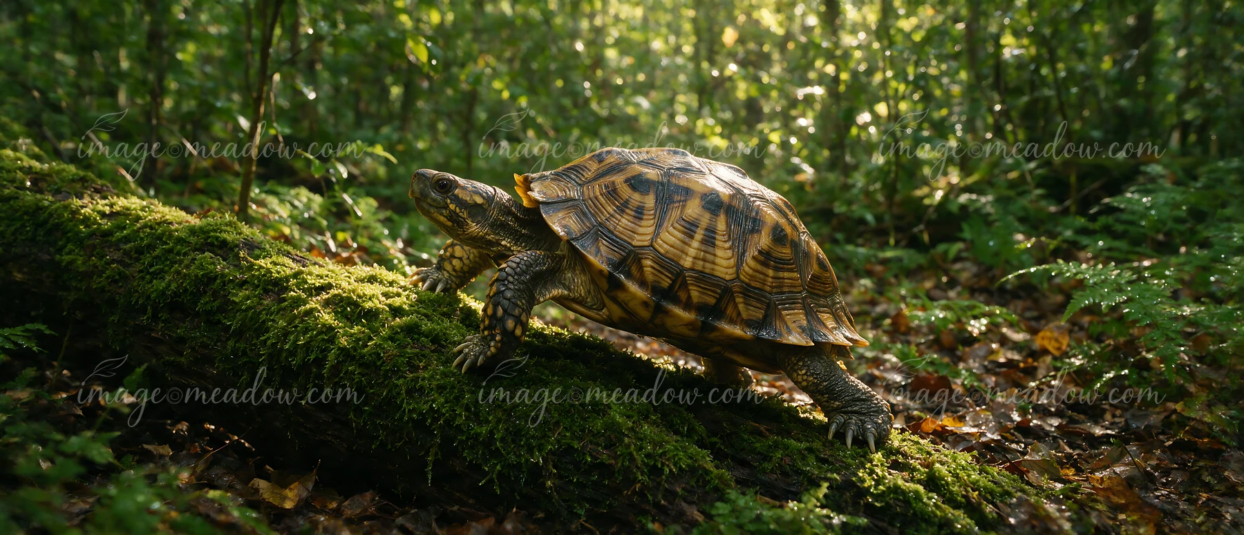 Turtle crossing a moss-covered log in a sunlit forest with detailed shell patterns