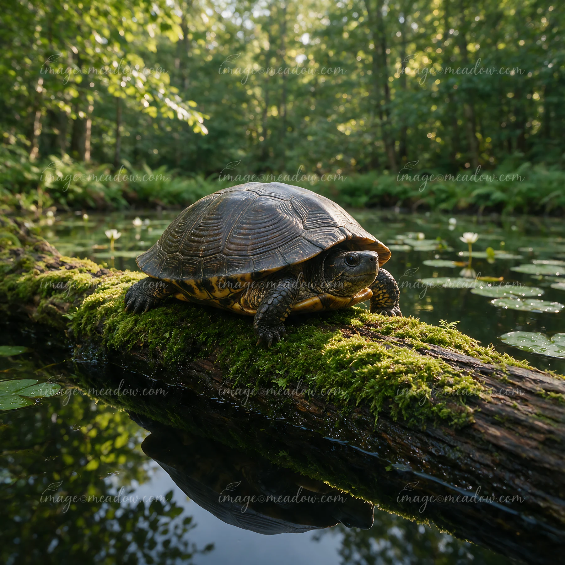 Turtle resting on a moss-covered log beside a woodland pond with lily pads and reflected forest light.