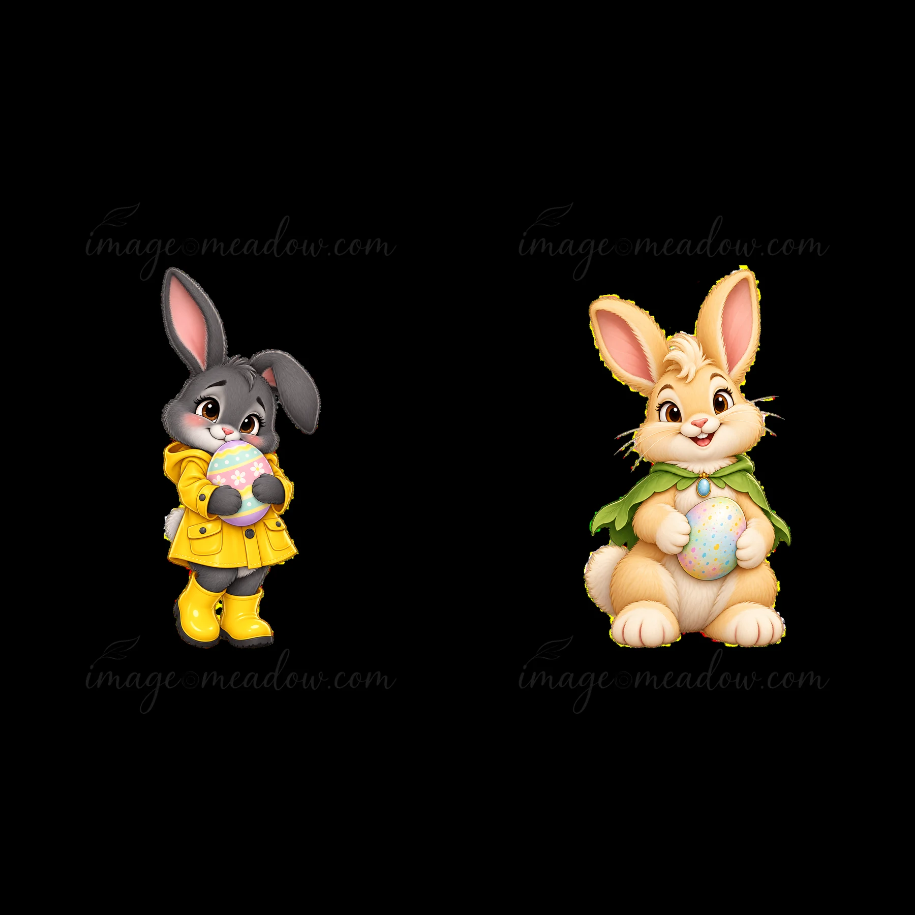 Two cute cartoon bunnies display vibrant decorated eggs. One bunny wears a yellow raincoat and holds an egg, while the other sports a green cape. They are perfe