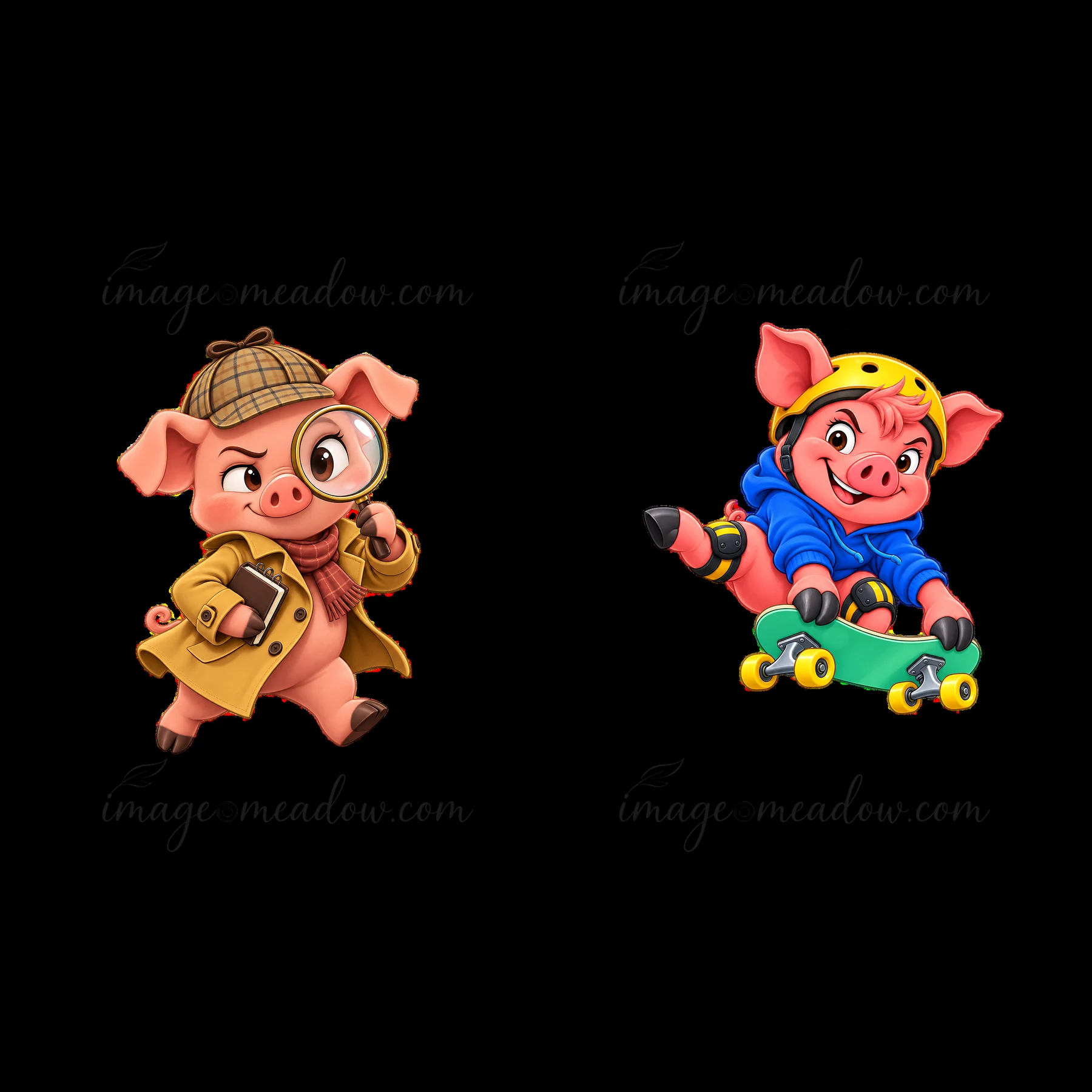 One pig wears a detective coat with a magnifying glass, while the other pig skateboards wearing a yellow helmet and blue hoodie. This colorful sticker illustrat