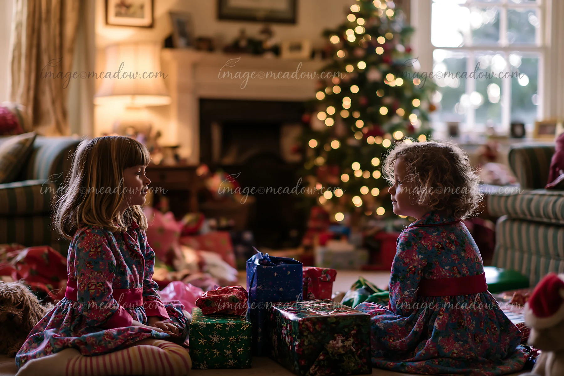 Two children sit on the floor, looking at wrapped presents in a living room decorated for Christmas.
