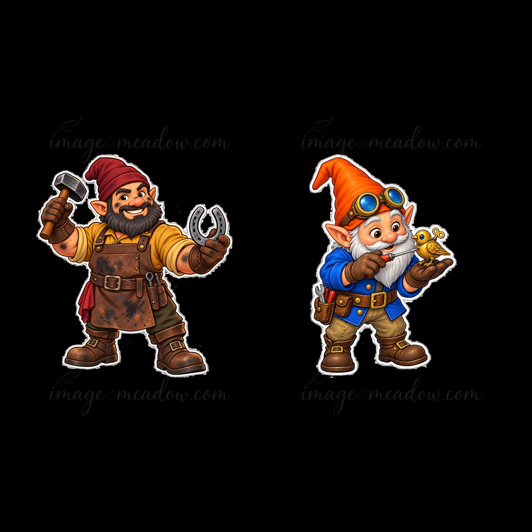 Two cartoon gnomes stand next to each other. One gnome holds a hammer and horseshoe while the other gnome shows a toy. Their bright colors and distinctive tools