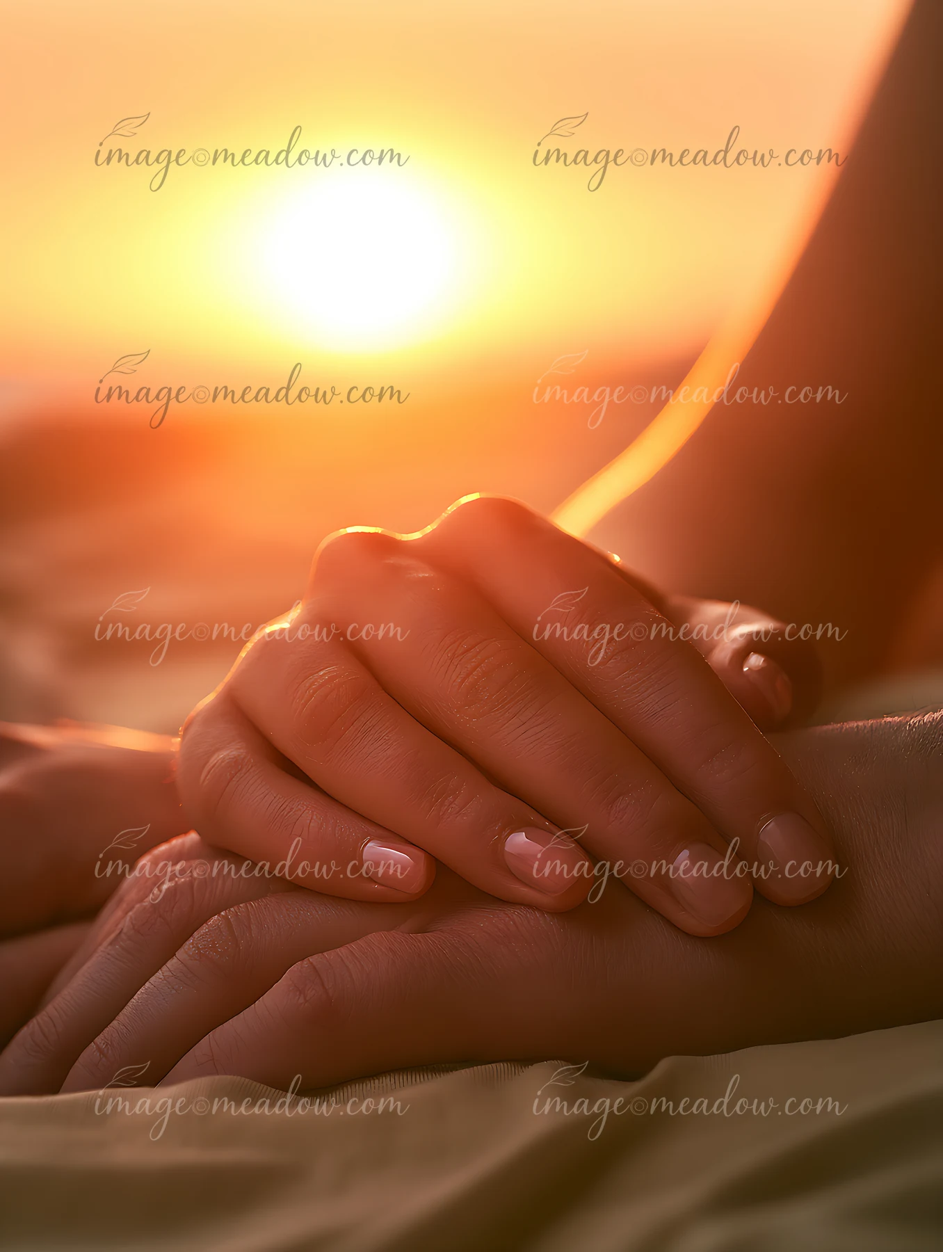 Two hands rest together as the sun sets over a beach.