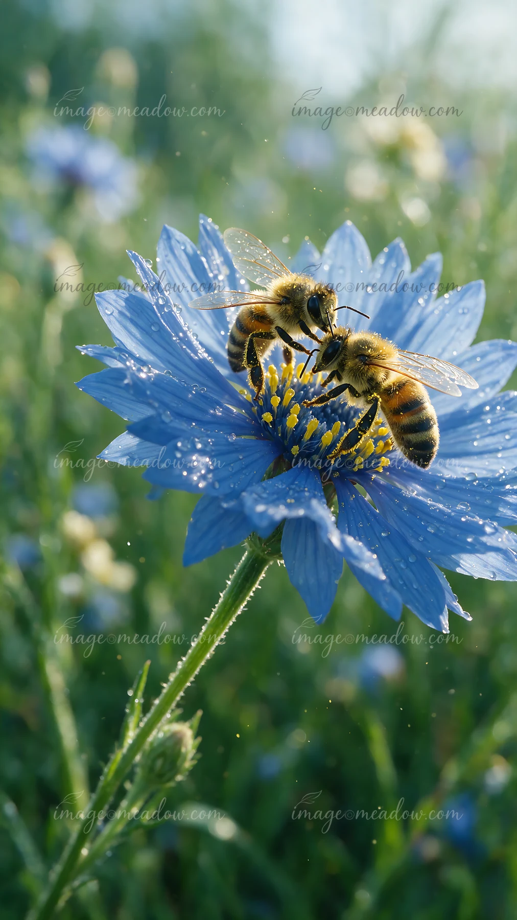 Two honey bees are working together on a blue flower in a bright meadow.