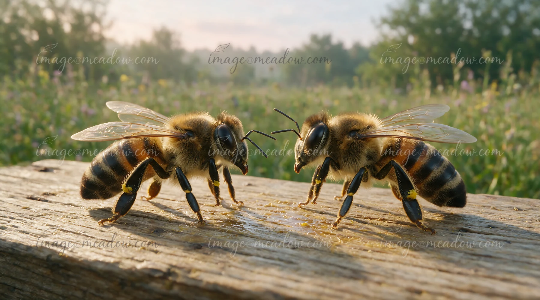 Two honey bees interact with each other on a wooden surface in a sunny meadow.