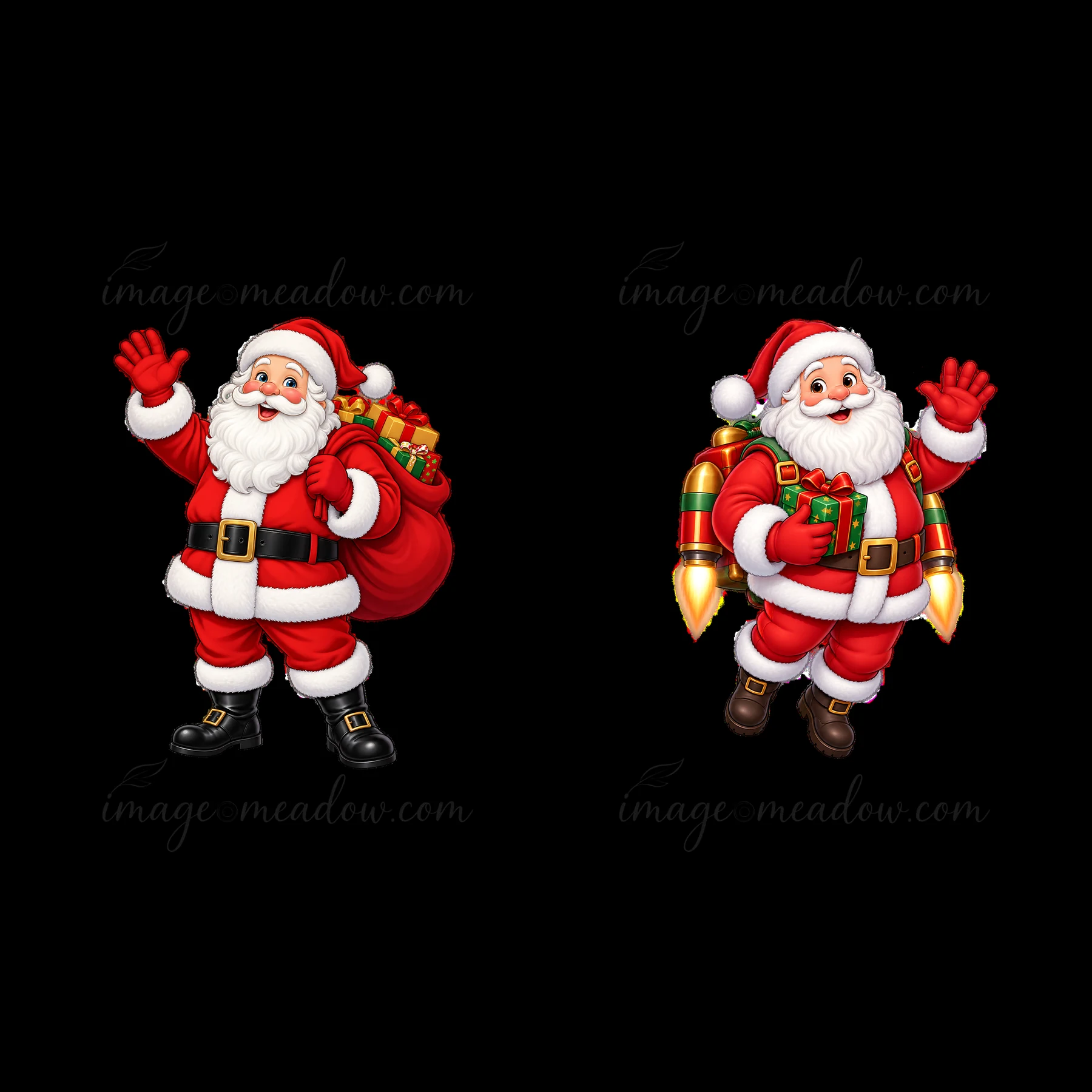 Two cartoon stickers of Santa Claus. One Santa waves and carries a red bag of presents. The other Santa holds a gift and has a jetpack, ready to fly, both in vibrant red and white colors.