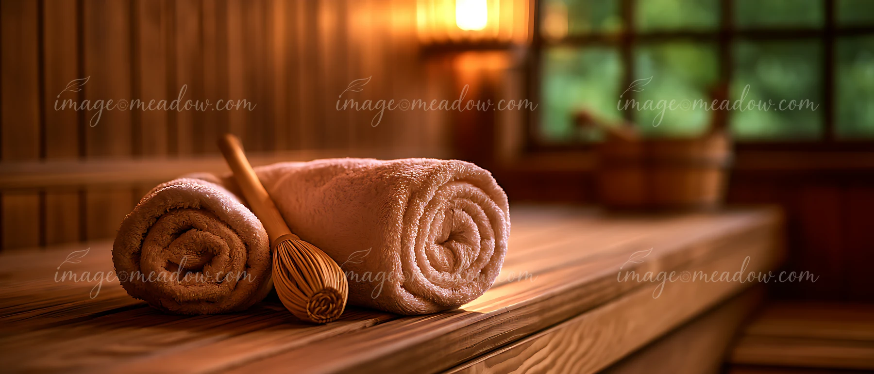 Two rolled towels sit on a wooden bench inside a sauna.