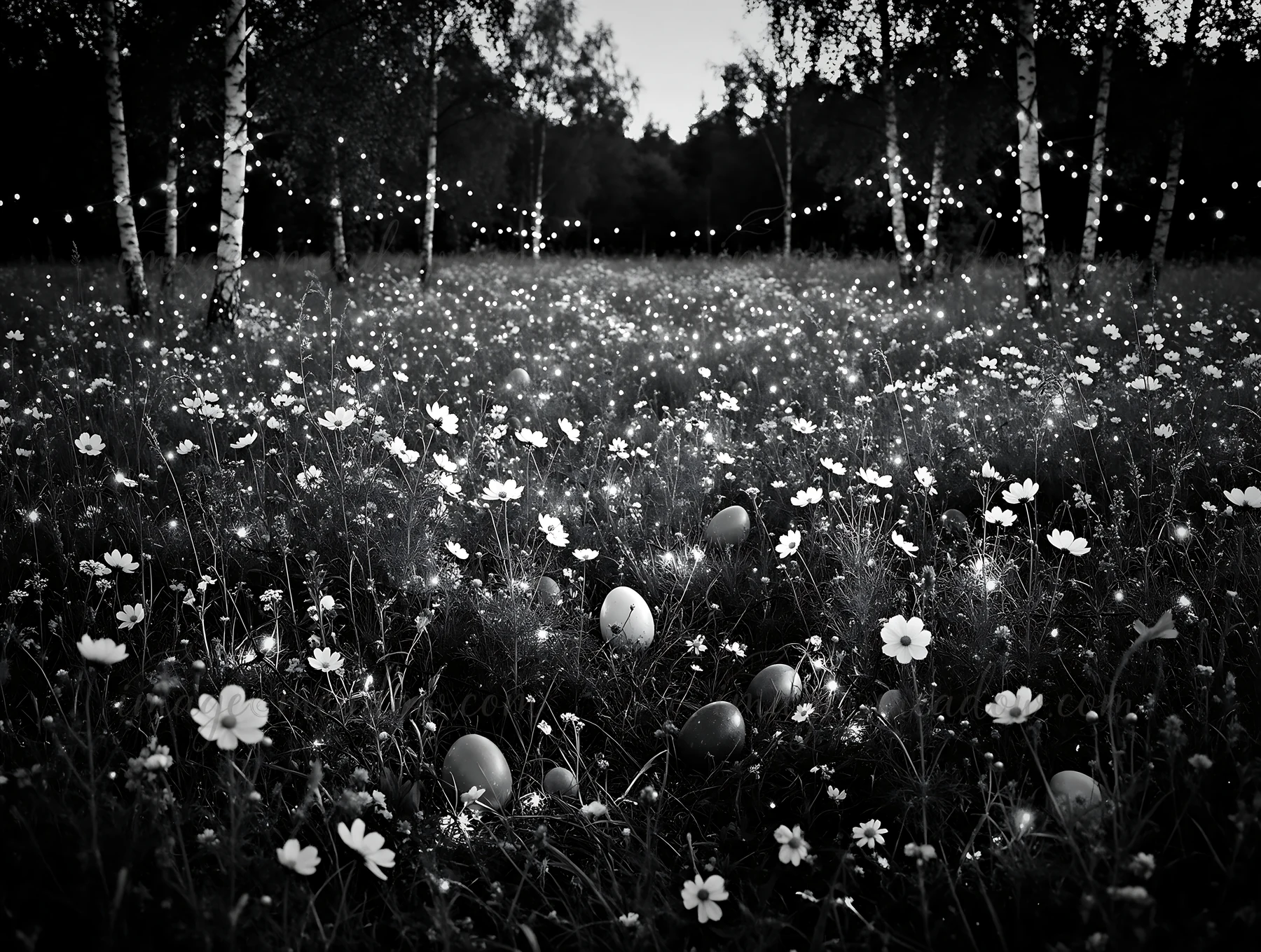 A meadow filled with flowers shows vibrant Christmas lights shining at dusk. Soft light from the decorations creates a warm atmosphere in the natural setting su