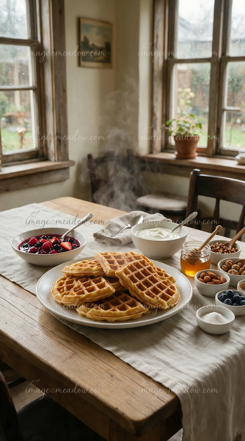 Waffles and assorted toppings arranged on a rustic breakfast table beside bright windows.