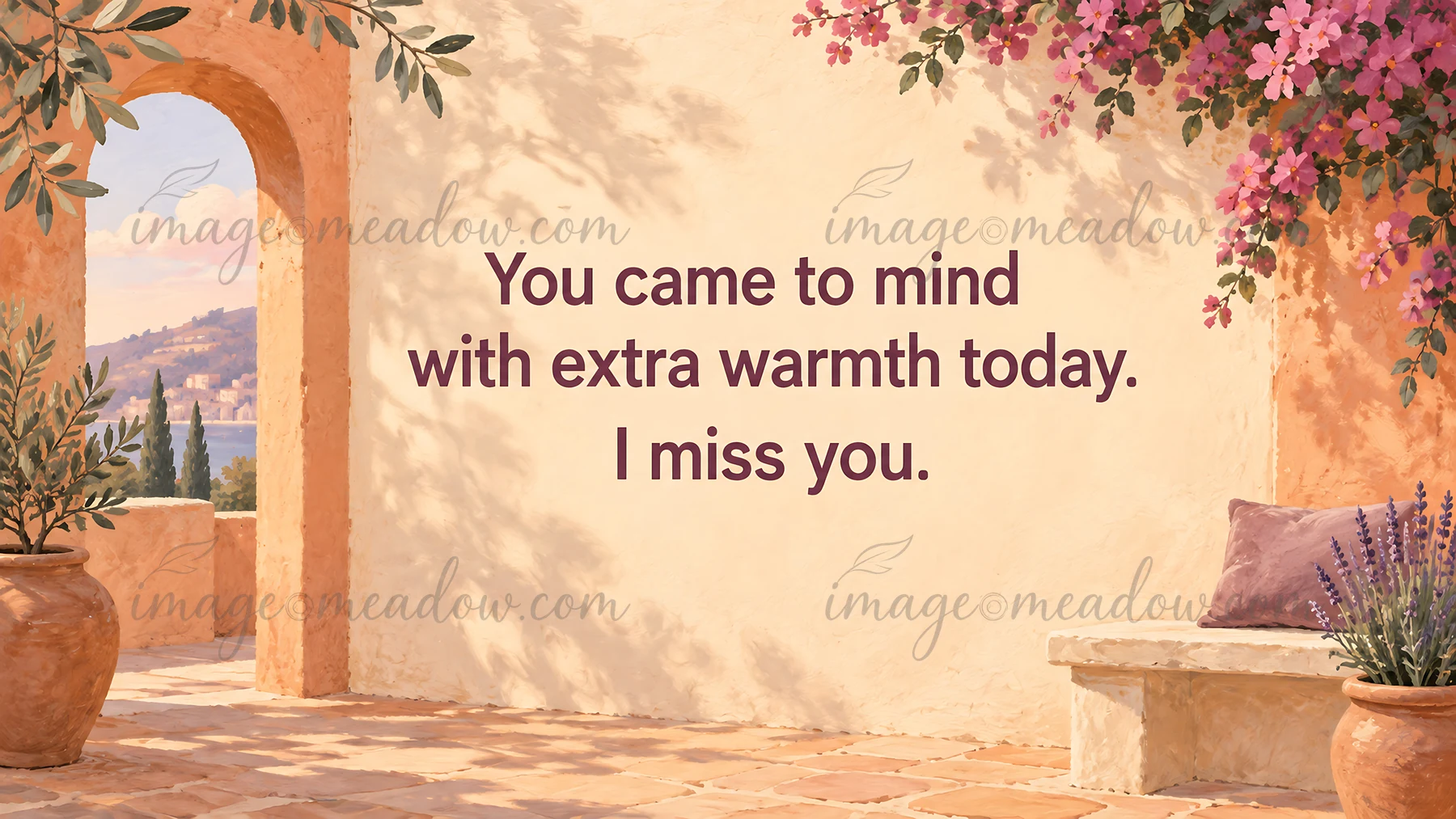 An illustrated sunlit courtyard with an arched view, terracotta walls, pink blossoms and potted plants frames the message, “You came to mind with extra warmth t