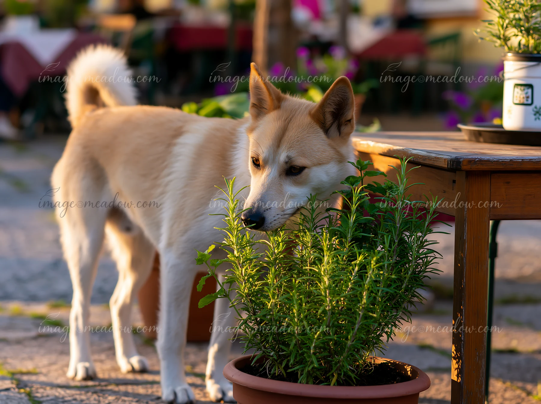 White dog standing beside a potted plant and wooden table at an outdoor café.