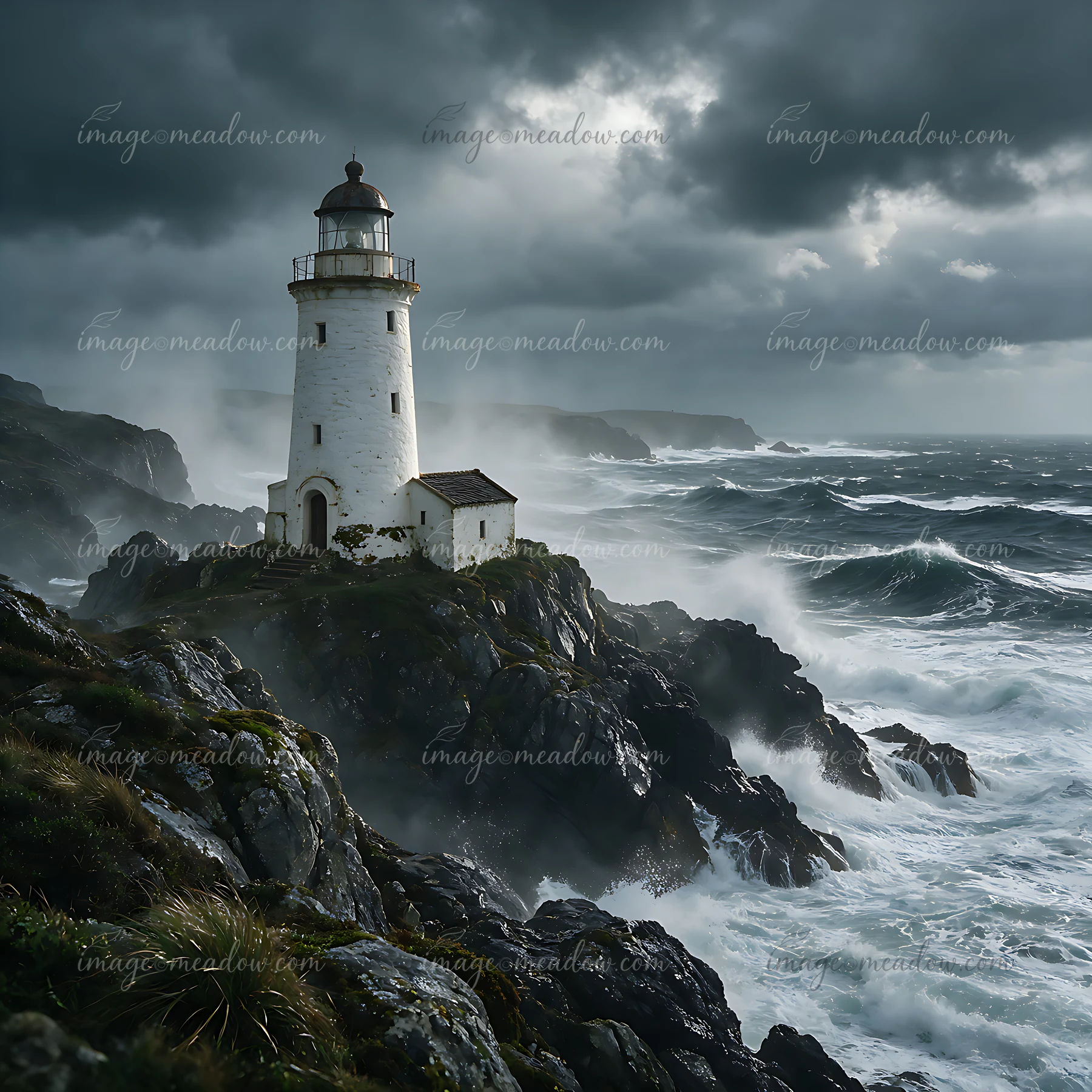 White lighthouse stands on rocky coastal cliffs above powerful waves beneath dark storm clouds.