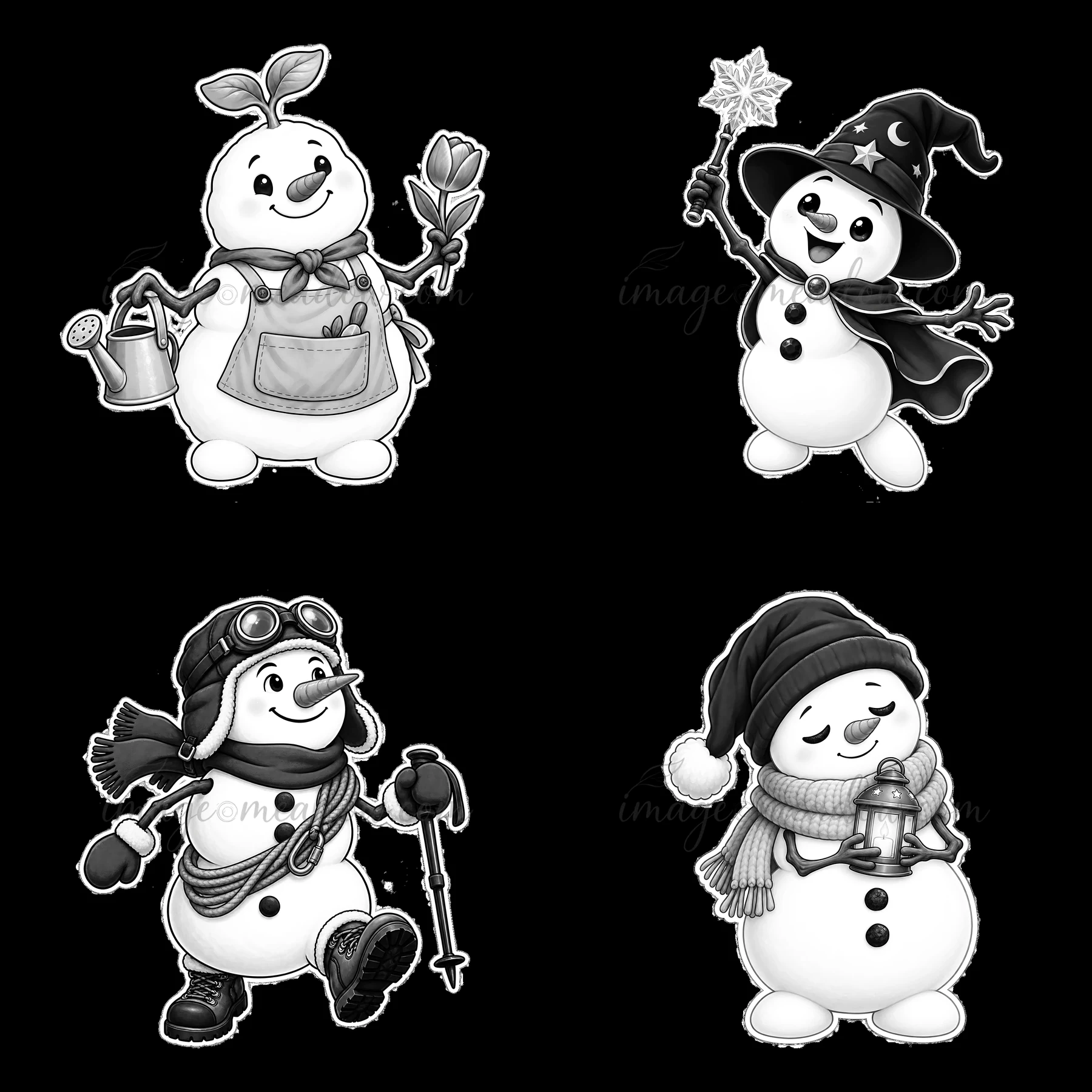 Four snowmen engage in different activities. One waters a flower, another holds a wand, a third wears goggles, and the fourth carries a lantern. Each snowman ha