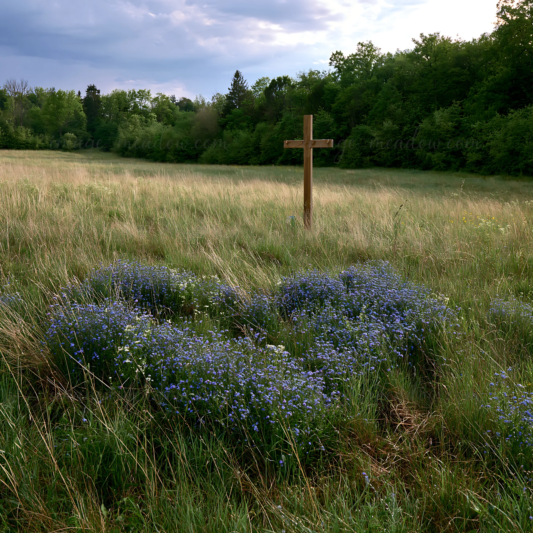 A wooden Christian cross stands in a grassy meadow filled with blue flowers. The scene captures the beauty of nature with trees in the background under a cloudy
