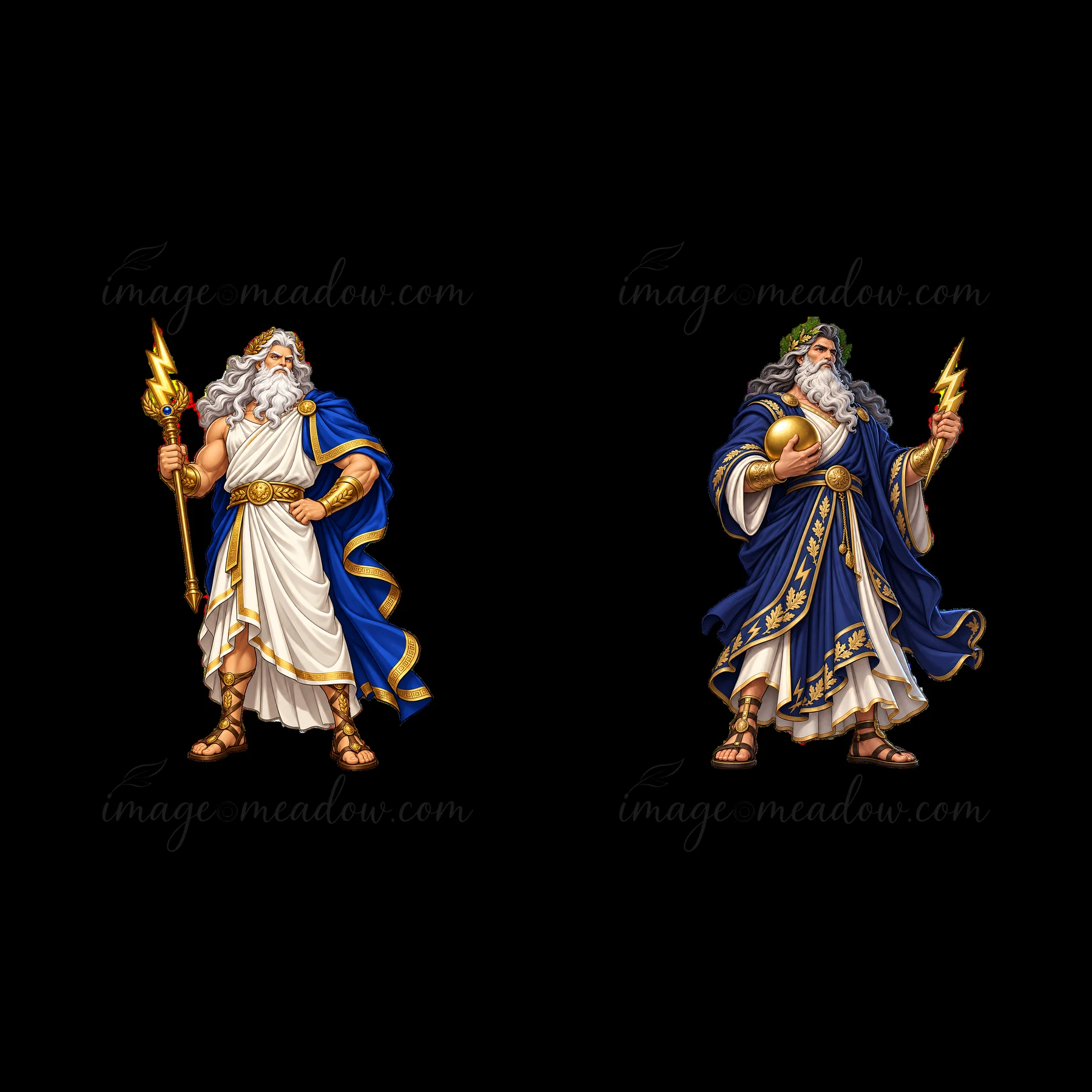 Two Zeus characters stand facing each other. One holds a lightning bolt and wears a crown. The other holds a golden apple and has laurel leaves in his hair. Bot