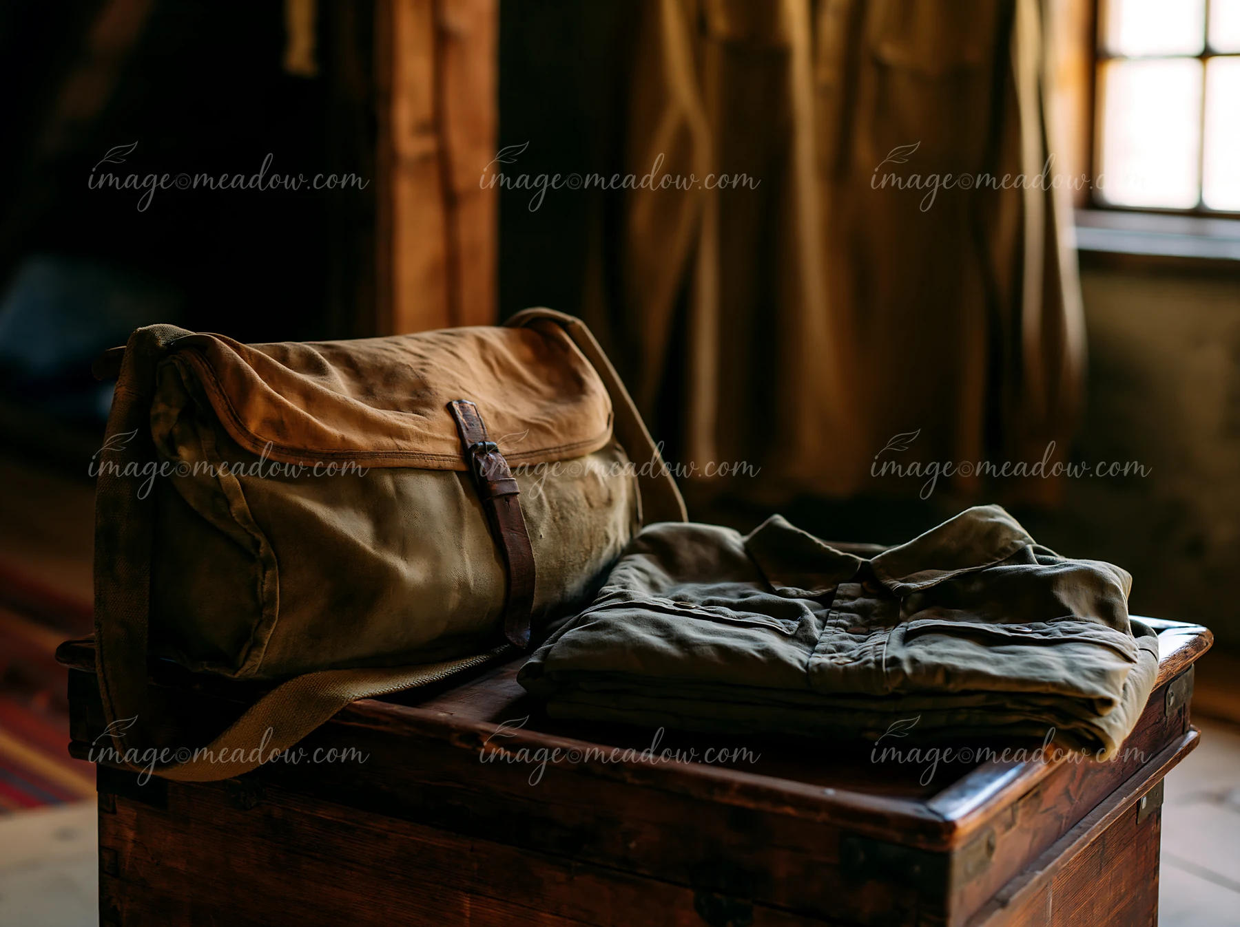 A bag and folded clothing from Soviet military uniforms are placed on a wooden table in a room with warm lighting.