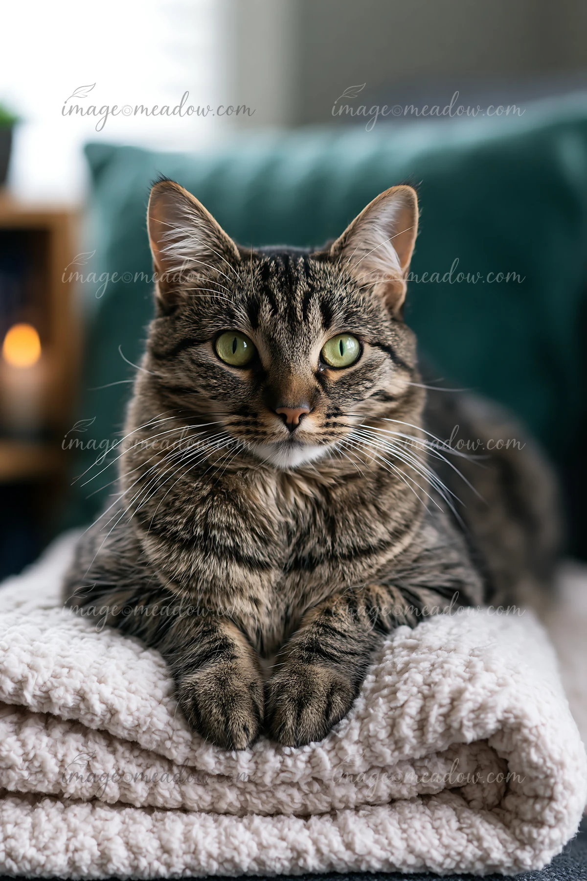A Bambino cat rests on a soft blanket in a cozy indoor setting.