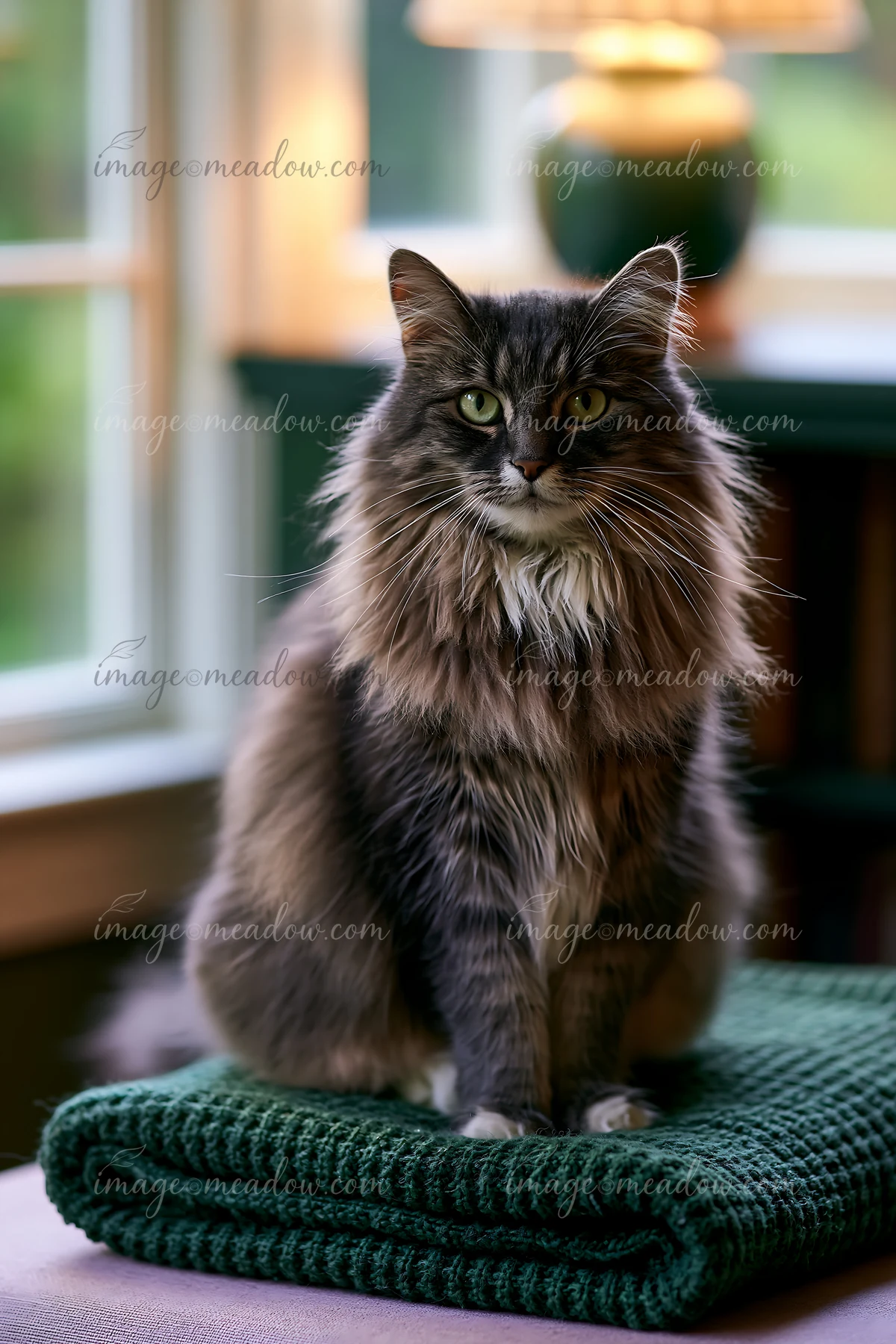 A Bambino cat sits upright on a green blanket in a cozy indoor space.