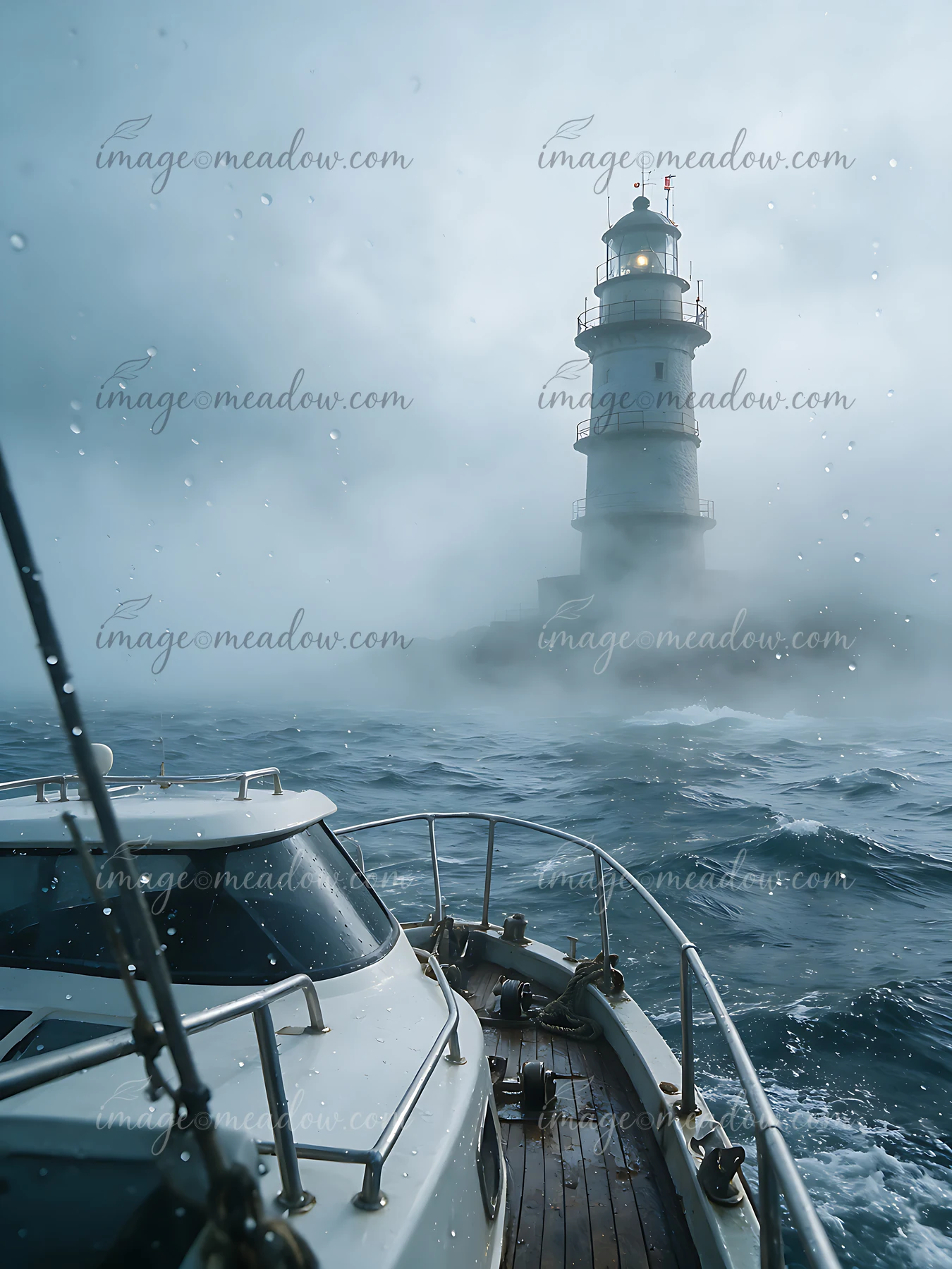 A boat approaches a lighthouse in heavy ocean fog, its light shining through the dense mist.