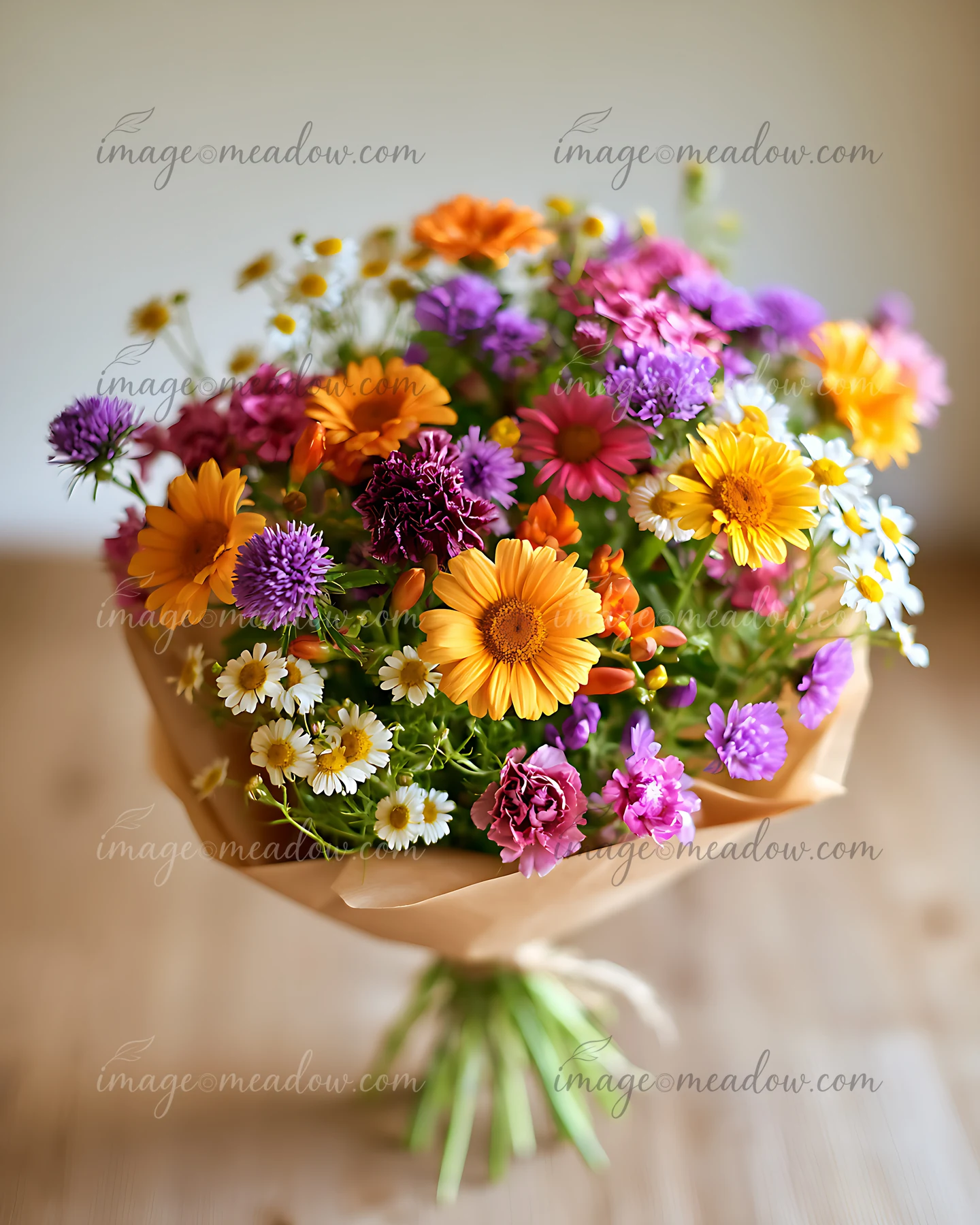 A bouquet filled with various flowers, including marigolds, daisies, and asters, arranged neatly and wrapped in brown paper on a wooden surface.