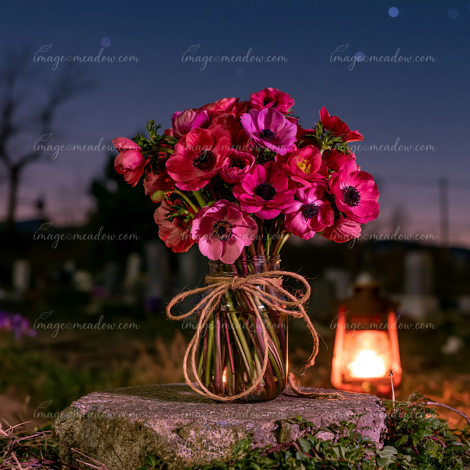A bouquet of pink flowers is placed on a grave in a cemetery at night.