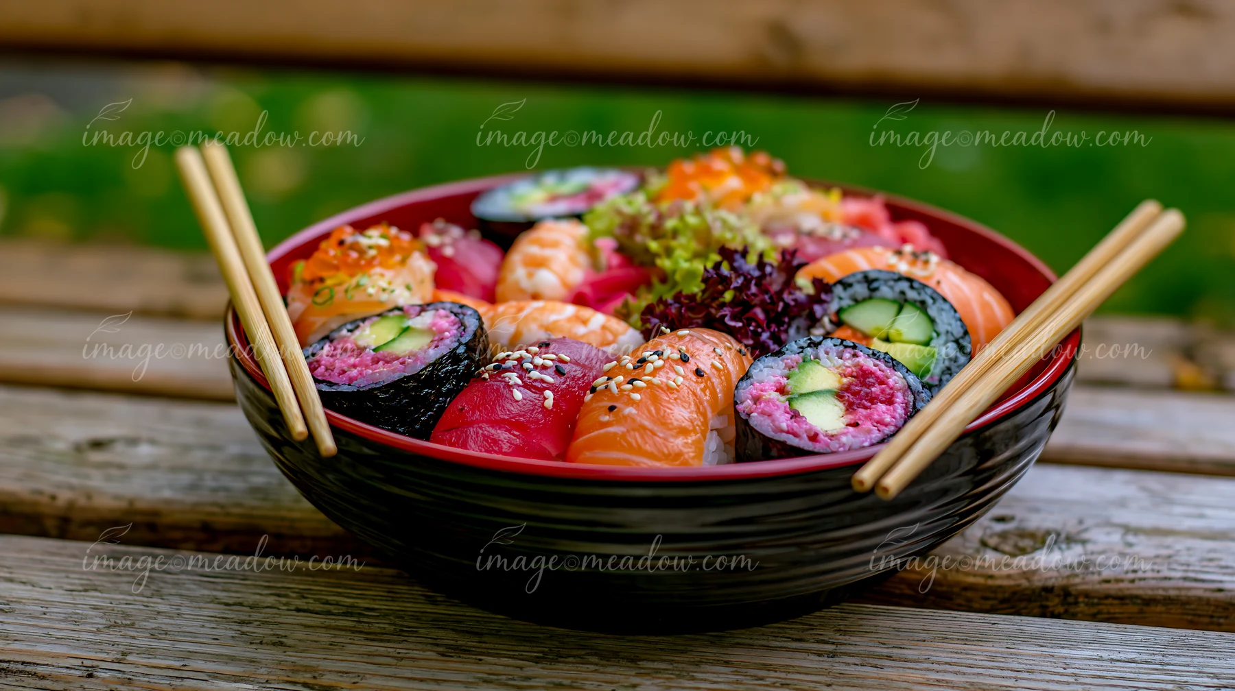 A bowl filled with various types of sushi sits on a wooden table surrounded by greenery.