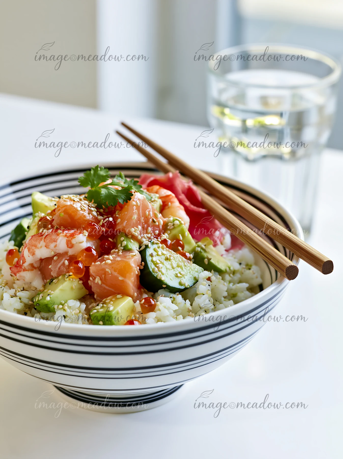 A bowl of sushi with fresh fish, cucumber, and ginger includes chopsticks resting on the rim.