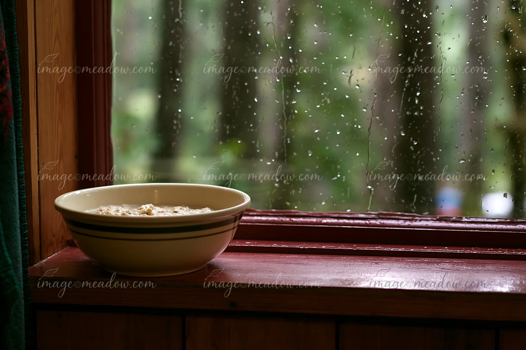 A bowl sits on a windowsill inside a cabin as rain falls outside, showcasing a lush green forest view.