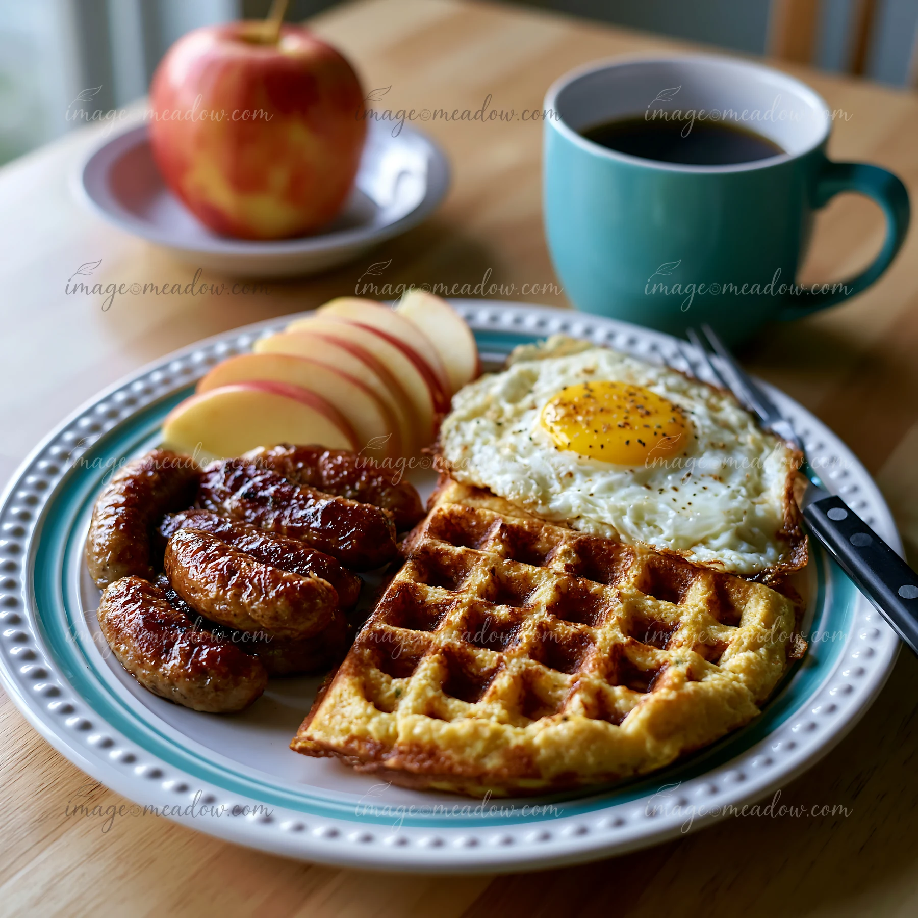 A breakfast plate holds a waffle, fried egg, sausage links, and sliced apples.