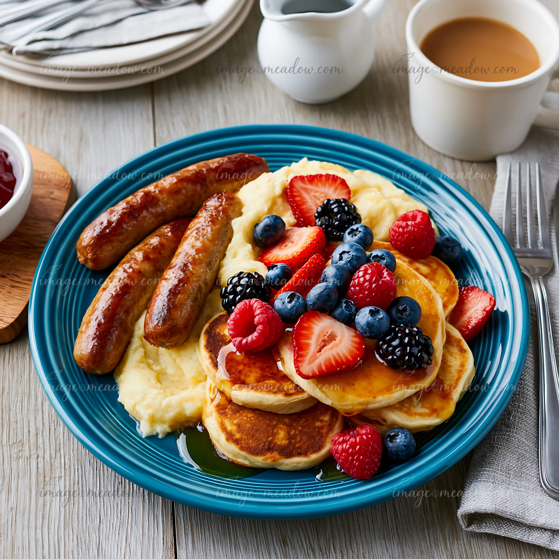 A breakfast plate holds two sausage links, fluffy pancakes topped with mixed berries, and syrup.