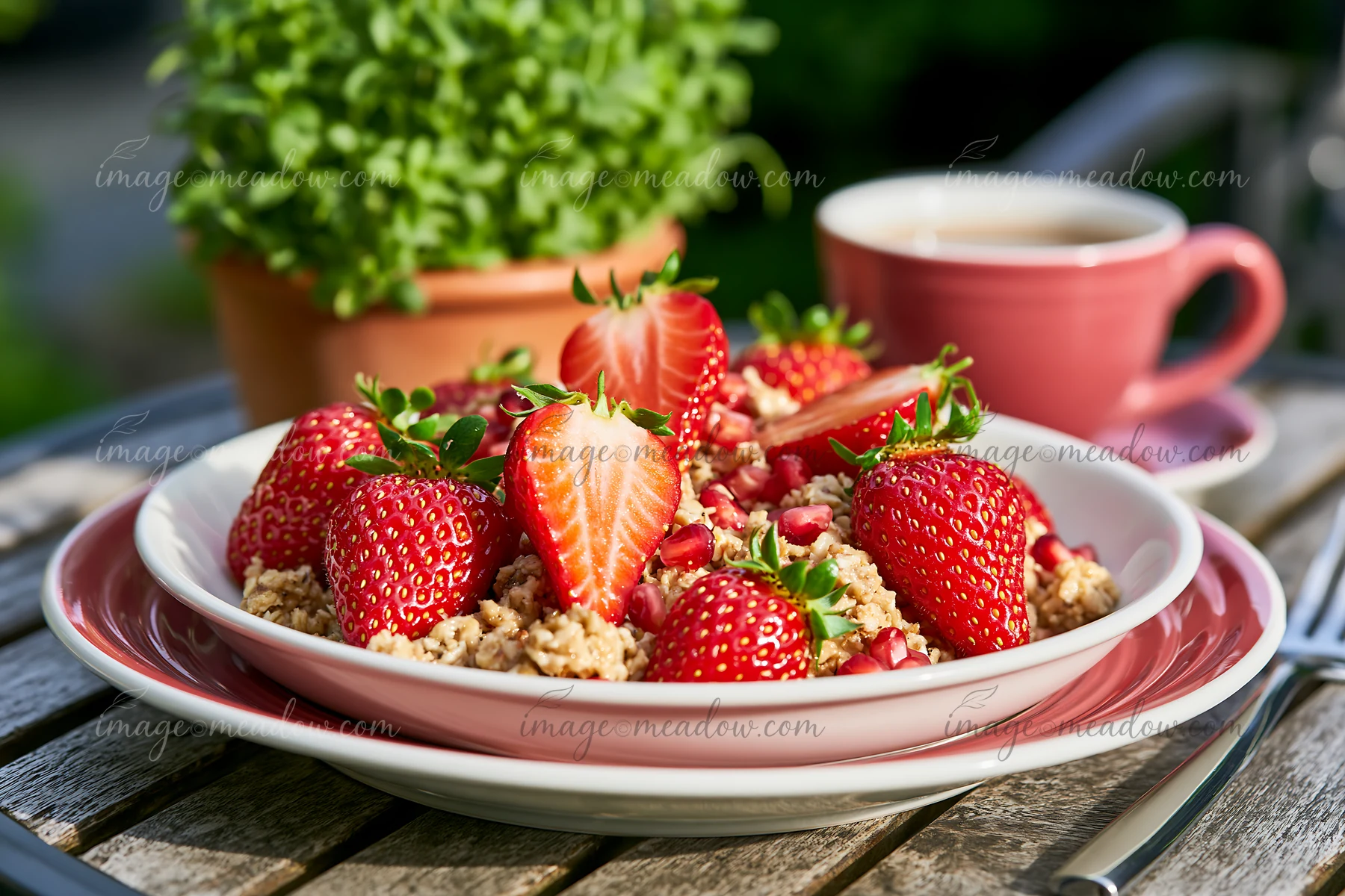 A breakfast plate with muesli is served outdoors.