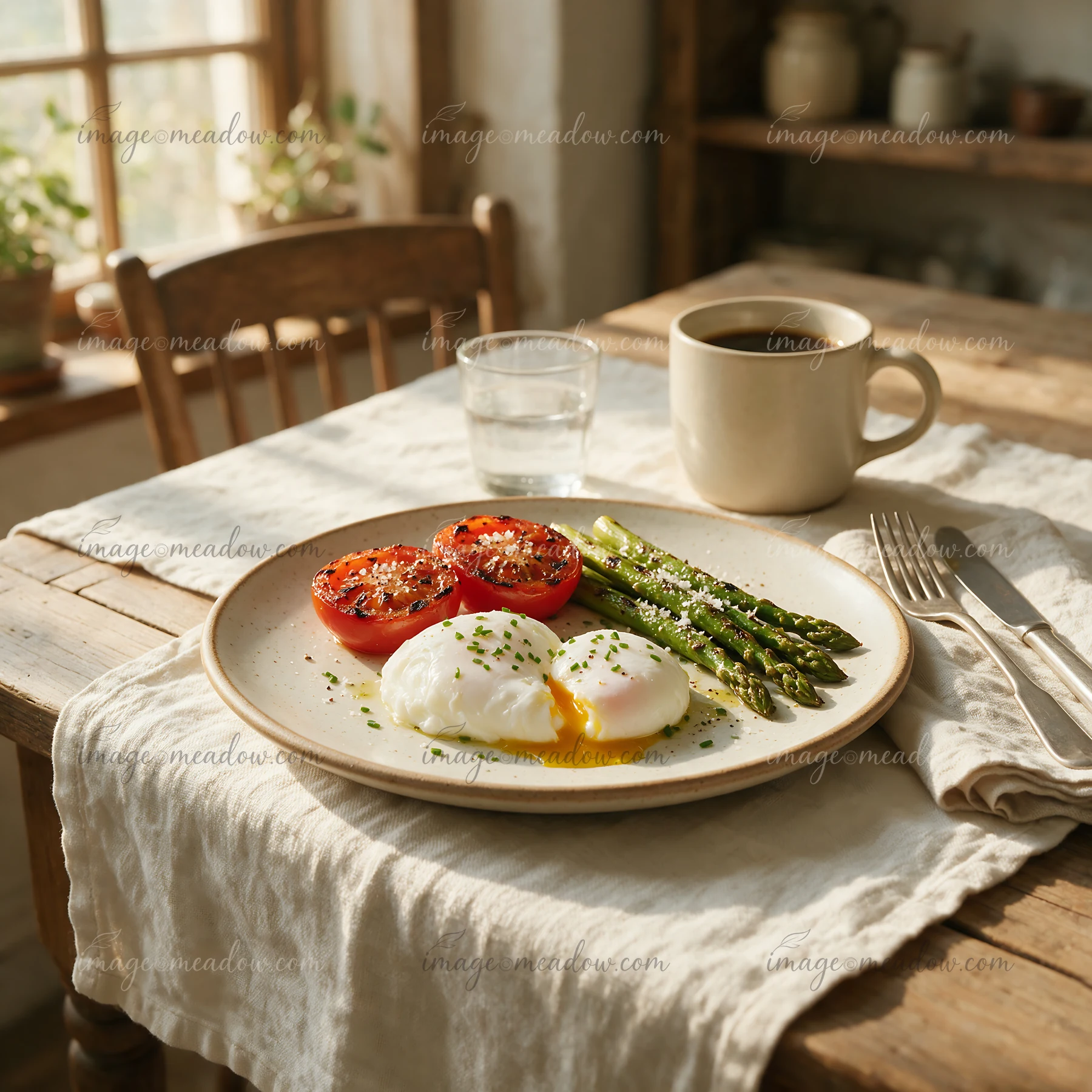 A breakfast plate with poached eggs, grilled tomatoes, and asparagus on a rustic wooden table.
