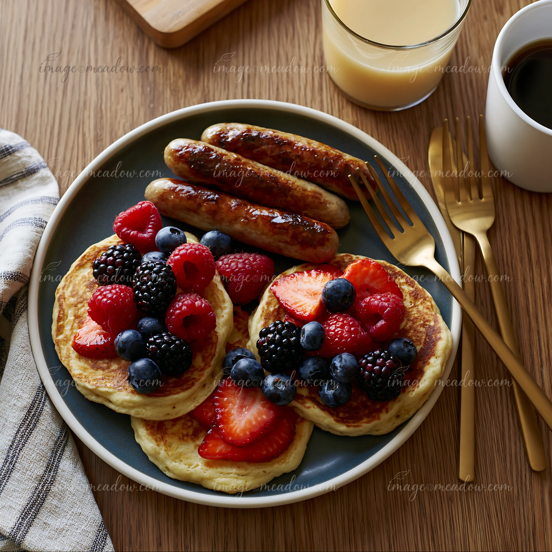 A breakfast plate with sausage includes pancakes topped with strawberries, blueberries, raspberries, and a glass of juice.
