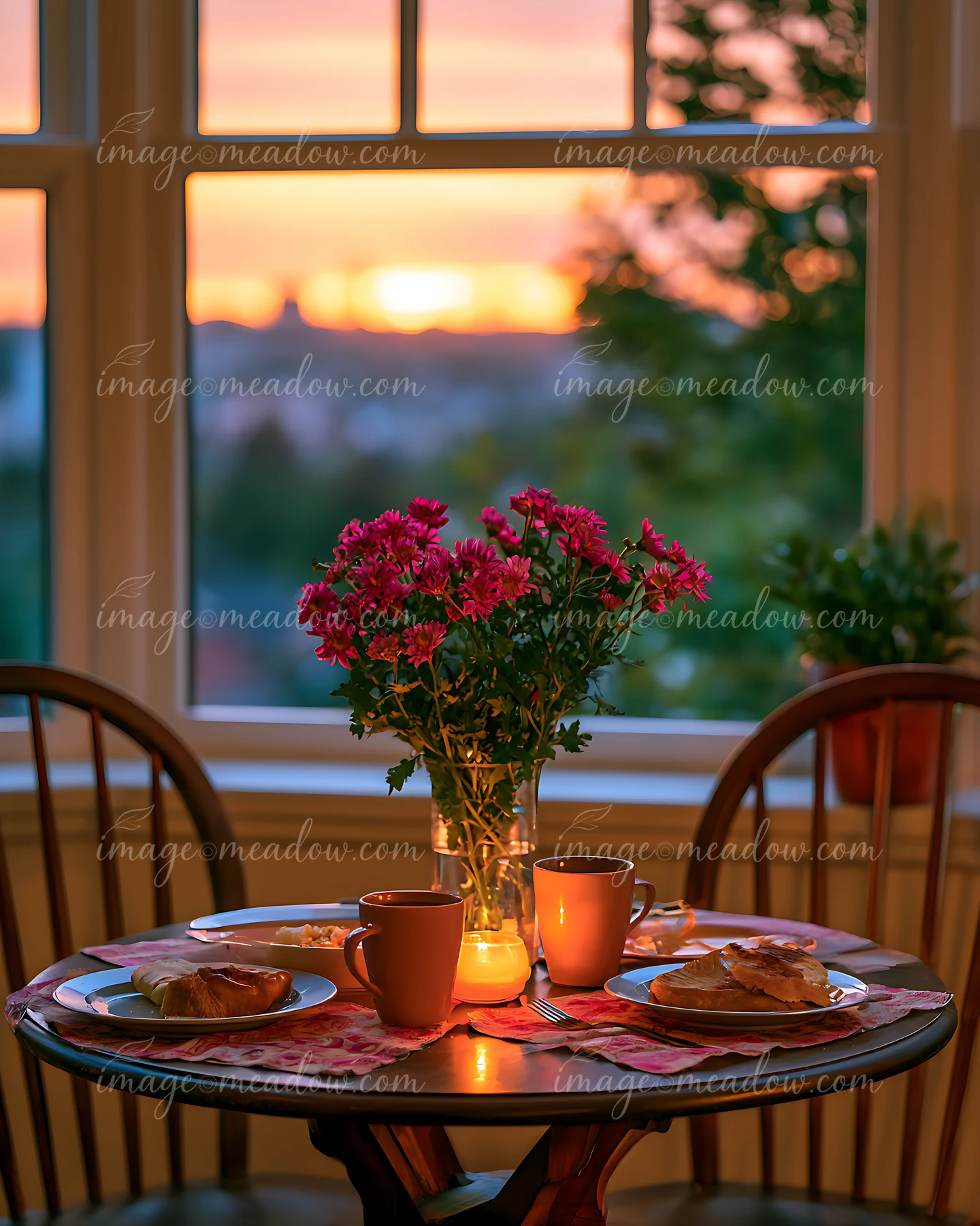 A breakfast table is set with two cups, pastries, and a bouquet of flowers in a jar.