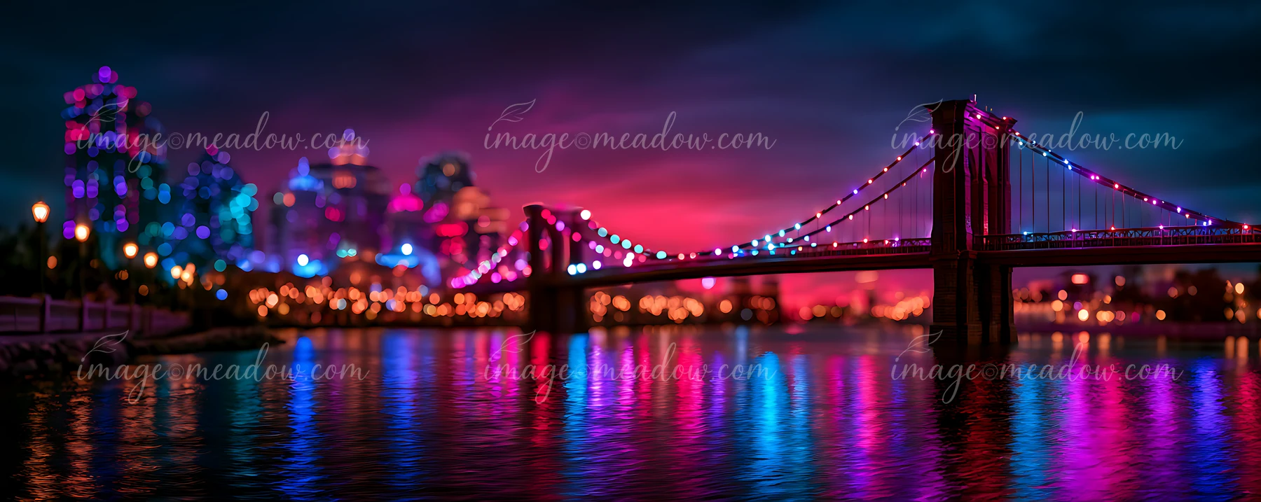 A bridge spans a river reflecting bright lights from the city skyline at night.