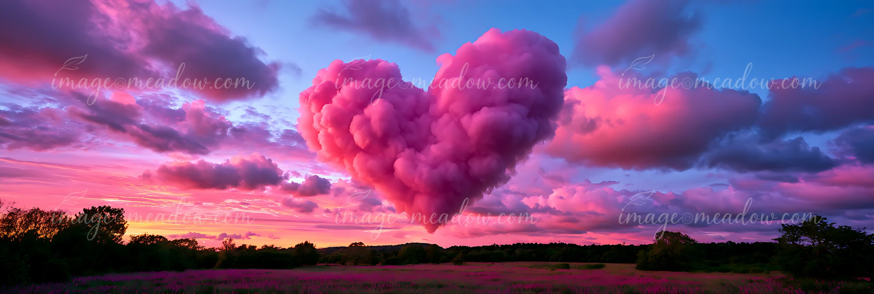 A bright heart-shaped cloud floats above a vibrant sunset sky filled with shades of pink and purple, casting a warm glow over the surrounding landscape.