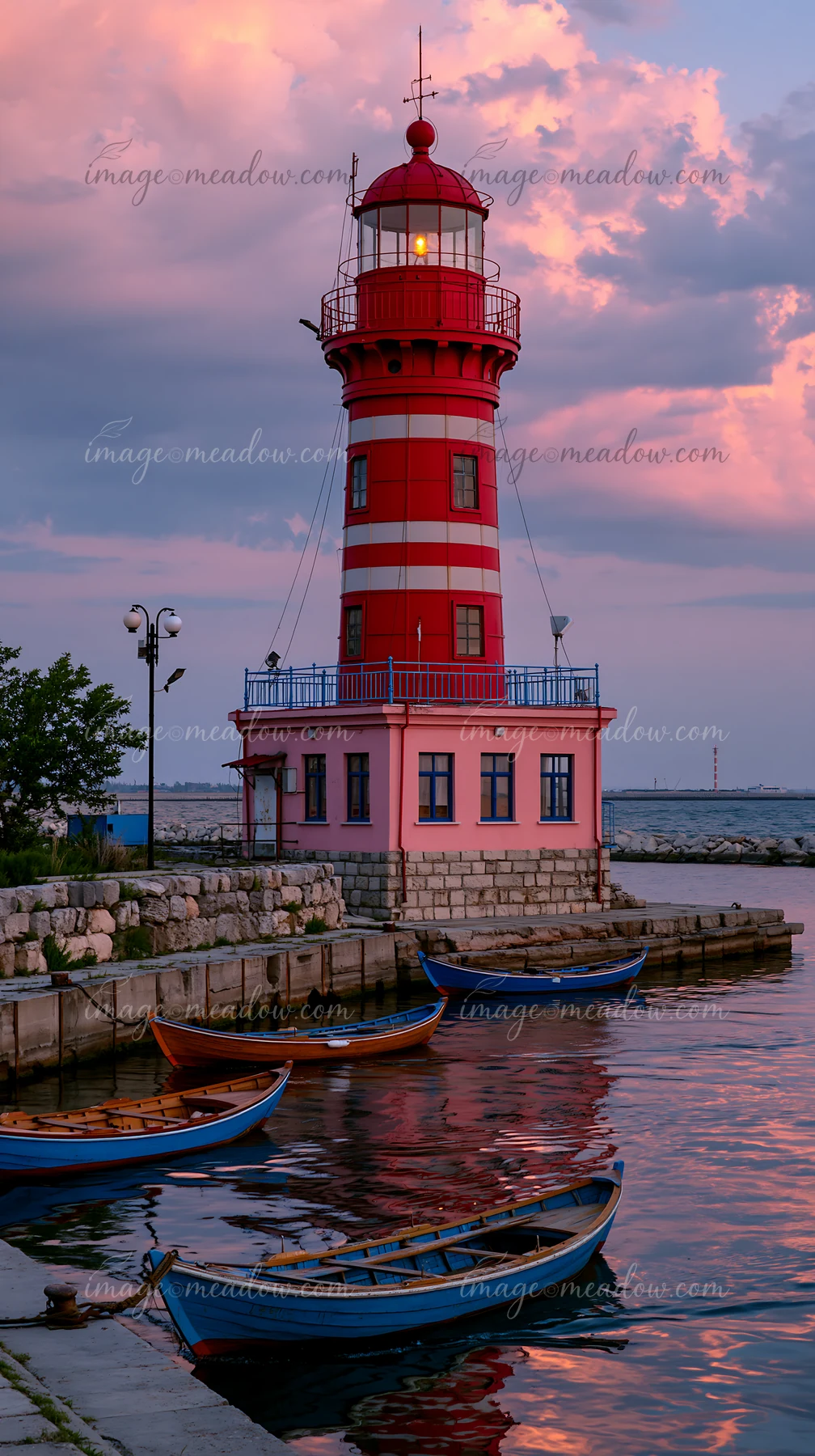 A bright red lighthouse stands tall near the water, surrounded by a series of boats docked in the foreground.