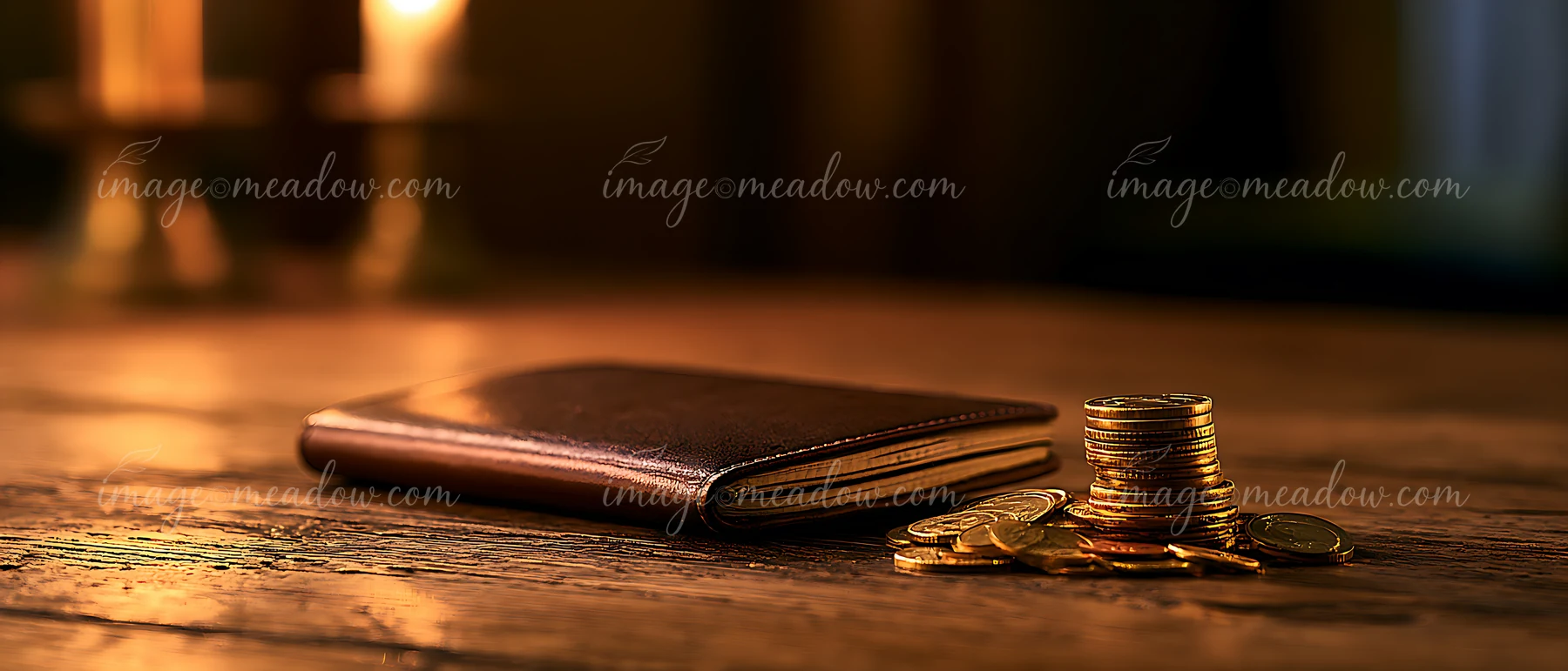 A brown wallet rests on a wooden table next to stacks of coins.