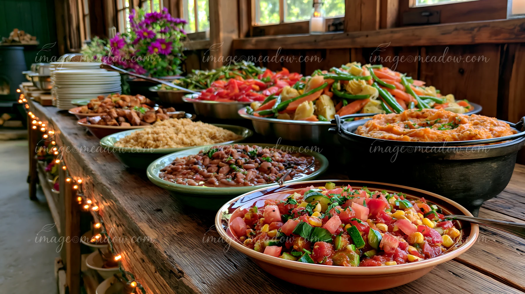 A buffet table displays an assortment of dishes featuring fresh vegetables and grains in a rustic setting.