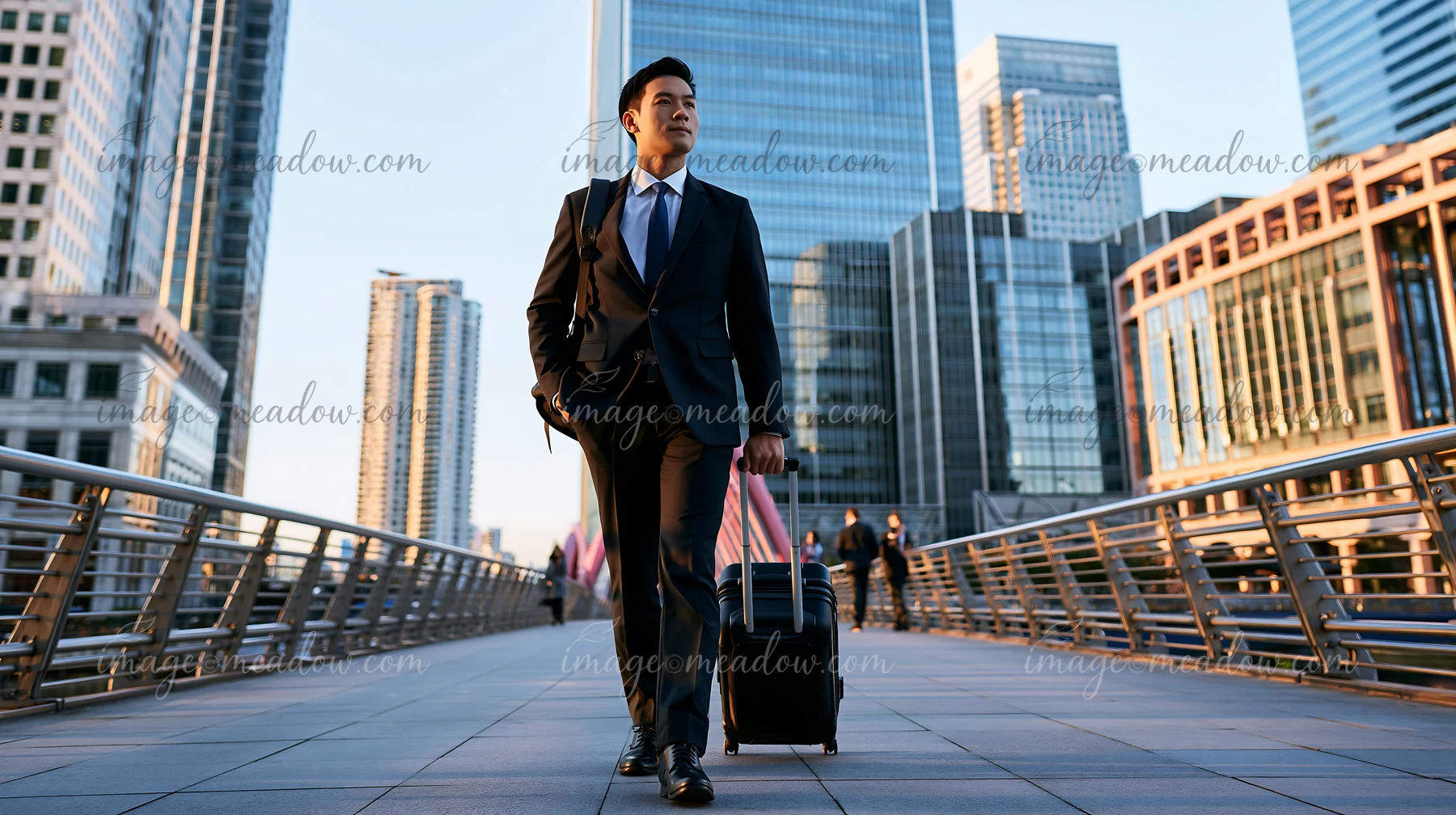 A businessman is walking through a city business district, carrying a suitcase.
