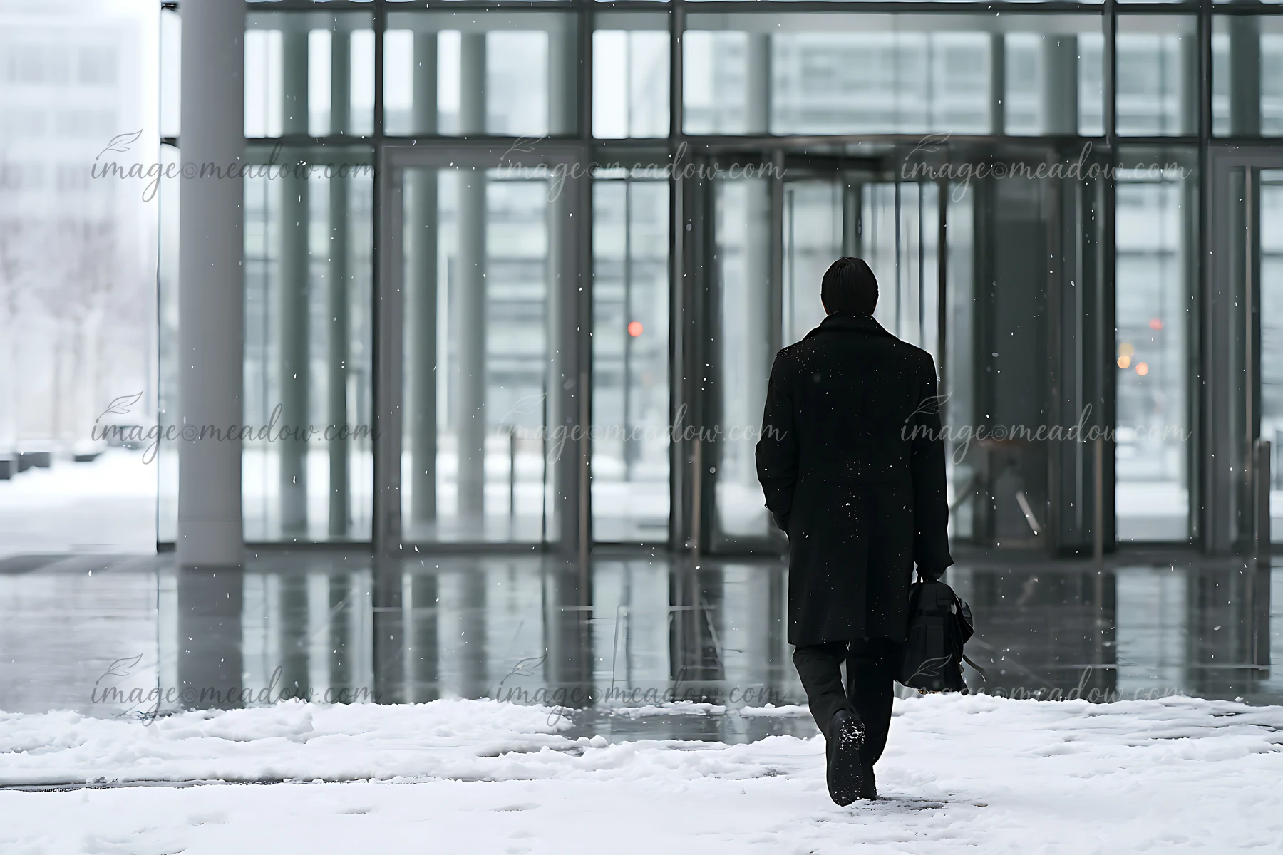 A businessman walks toward a modern office entrance in snowy weather.