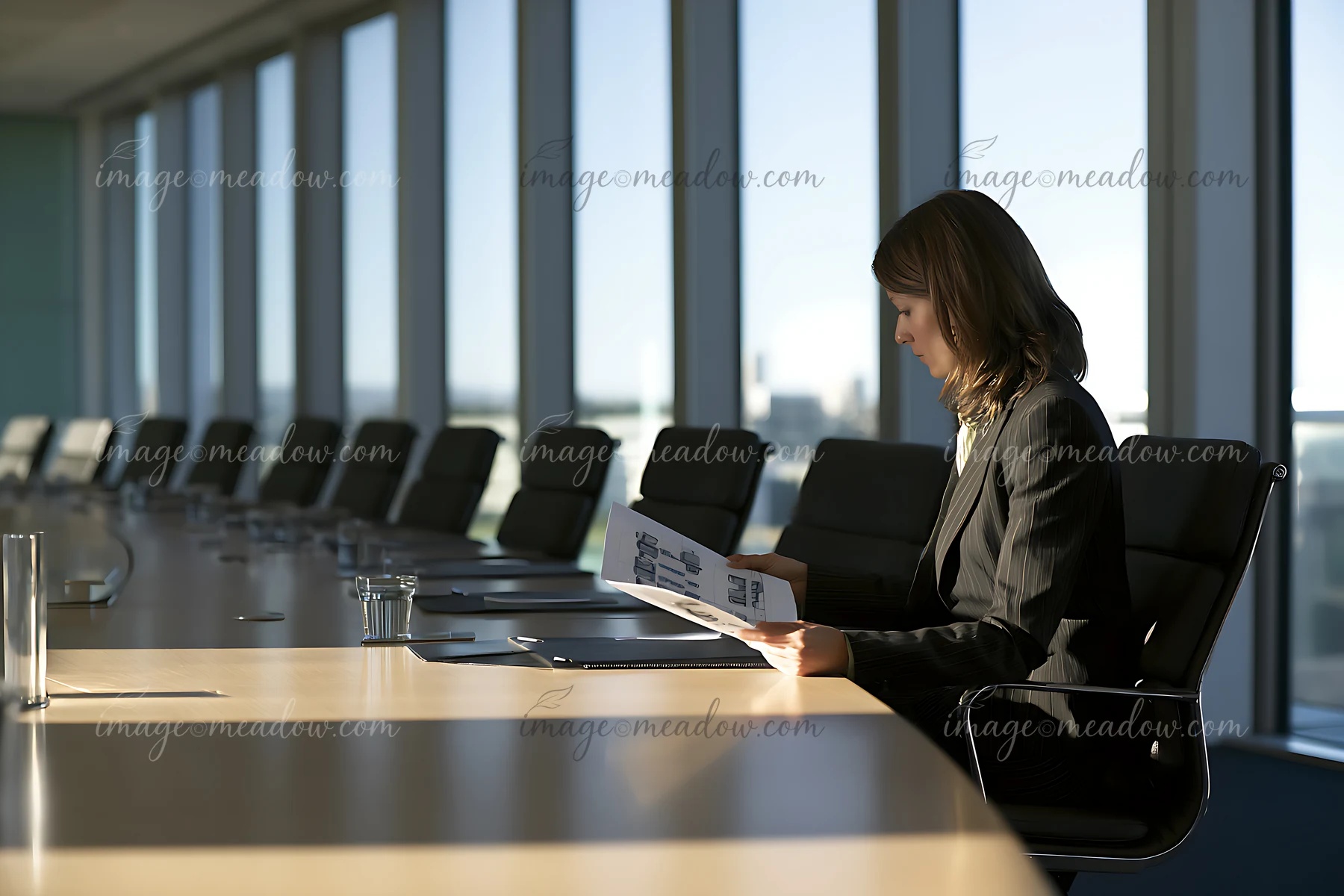 A businesswoman is sitting at a large boardroom table, reviewing important documents in a modern office setting with large windows and natural light.