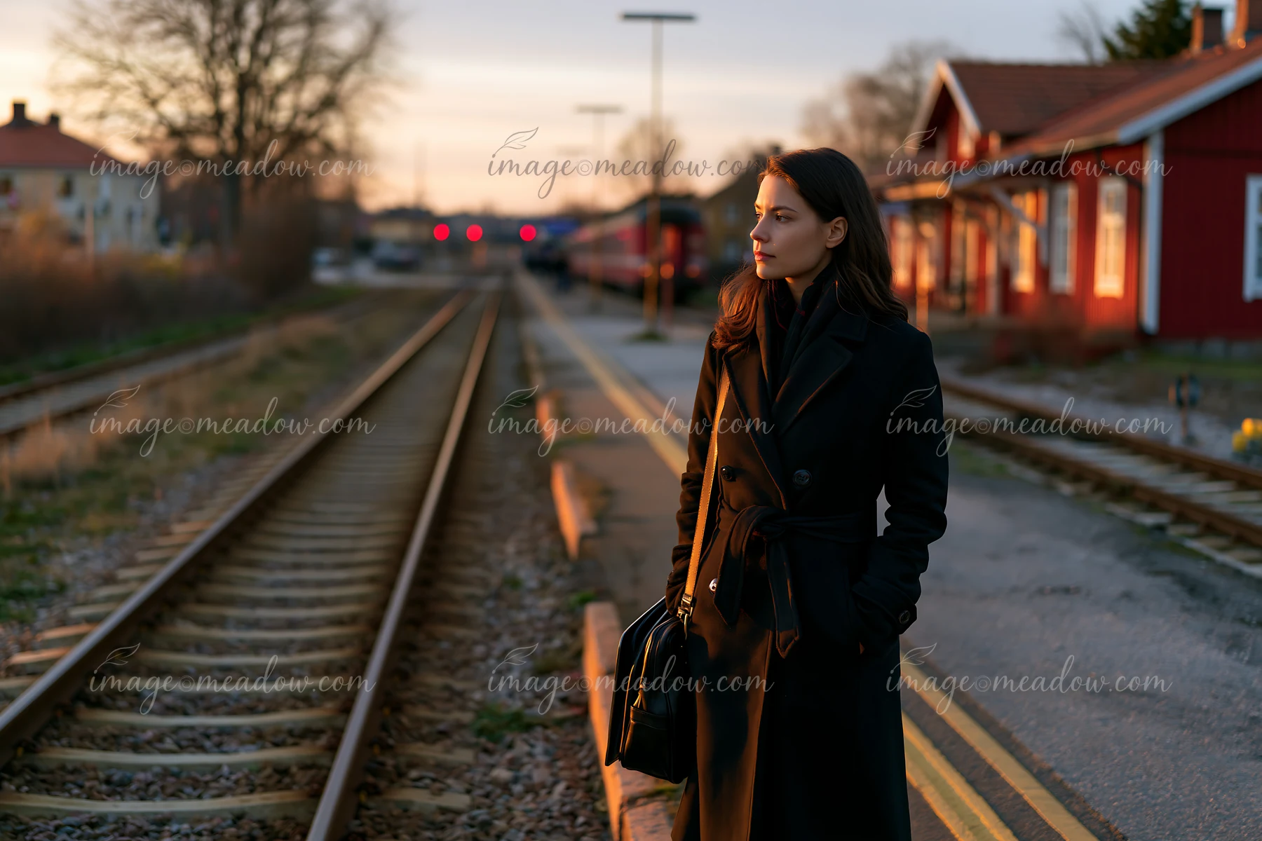 A businesswoman stands at a train station during sunset, waiting for her train while holding a laptop bag.