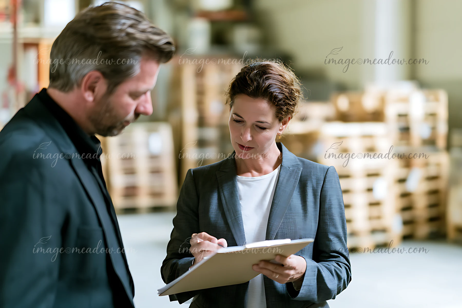 A businesswoman stands beside a colleague in a warehouse, discussing important deadlines while taking notes on a clipboard.