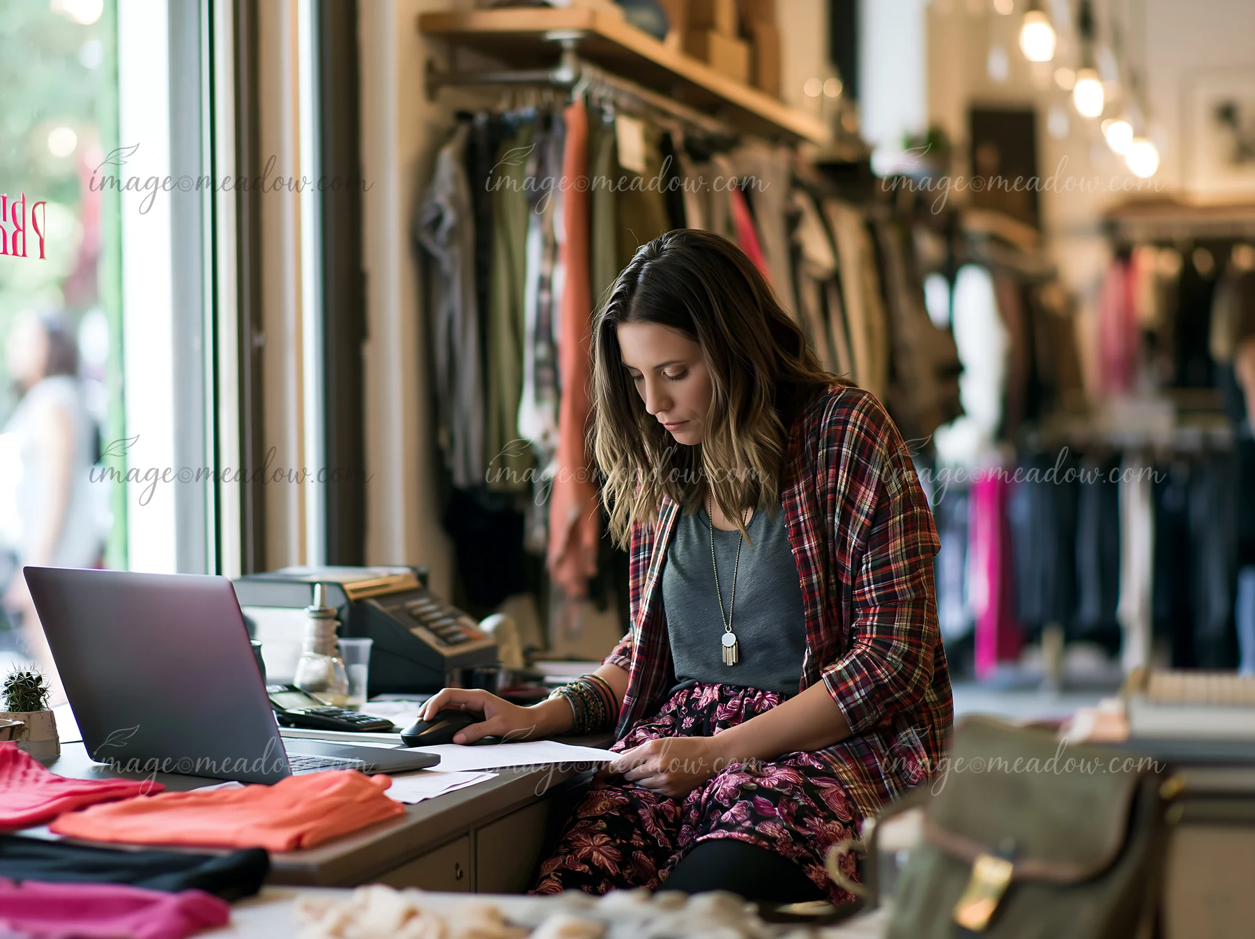 A businesswoman works on a laptop while managing a boutique.