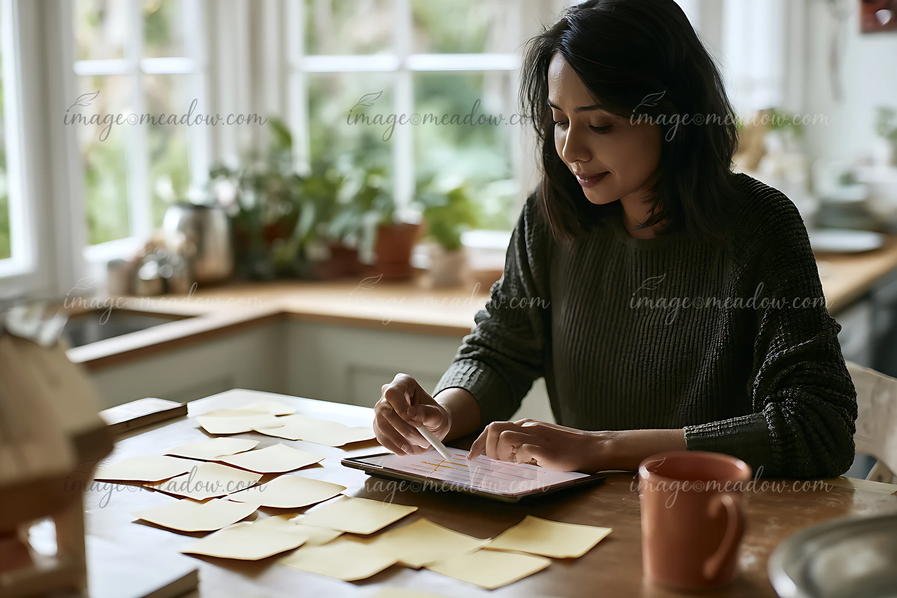 A businesswoman works on a project timeline using sticky notes on a table in a bright kitchen.