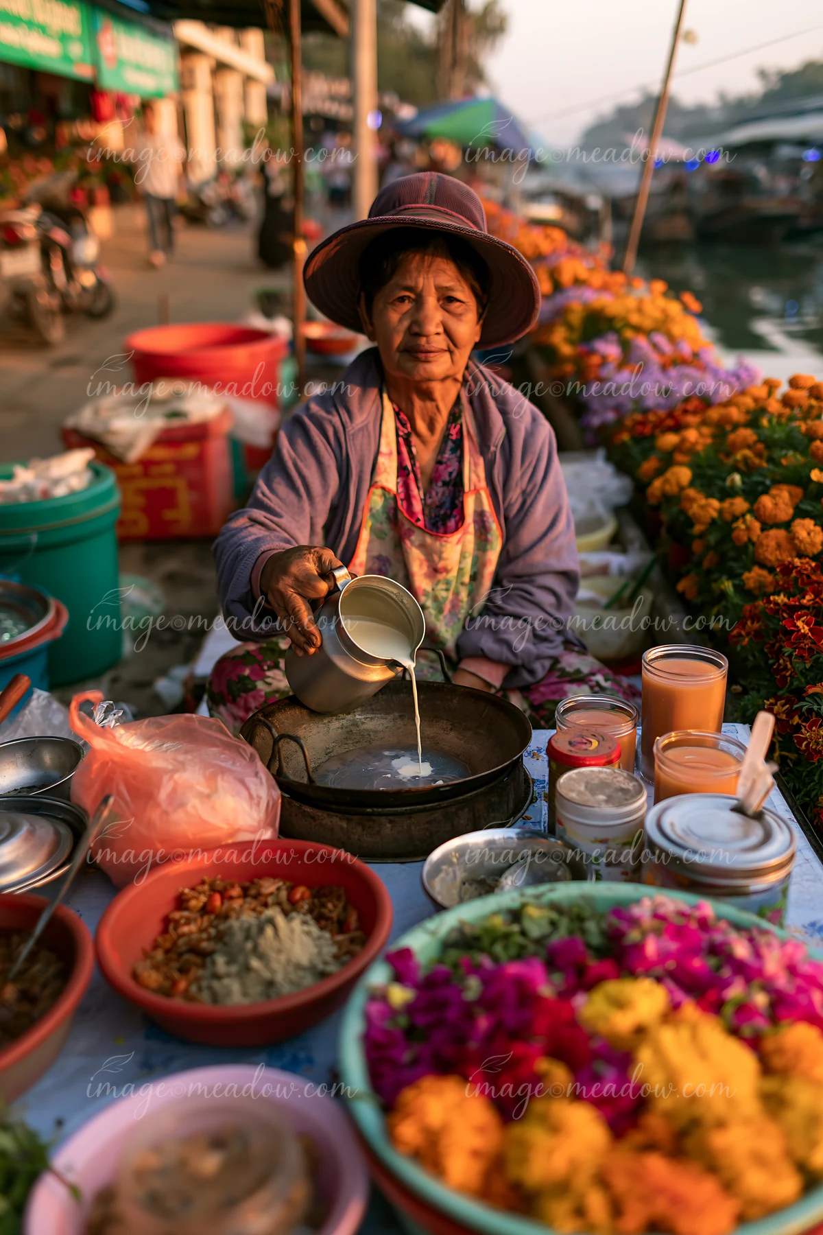 A bustling market scene shows a street food vendor adding milk to tea while surrounded by colorful food items and flowers.