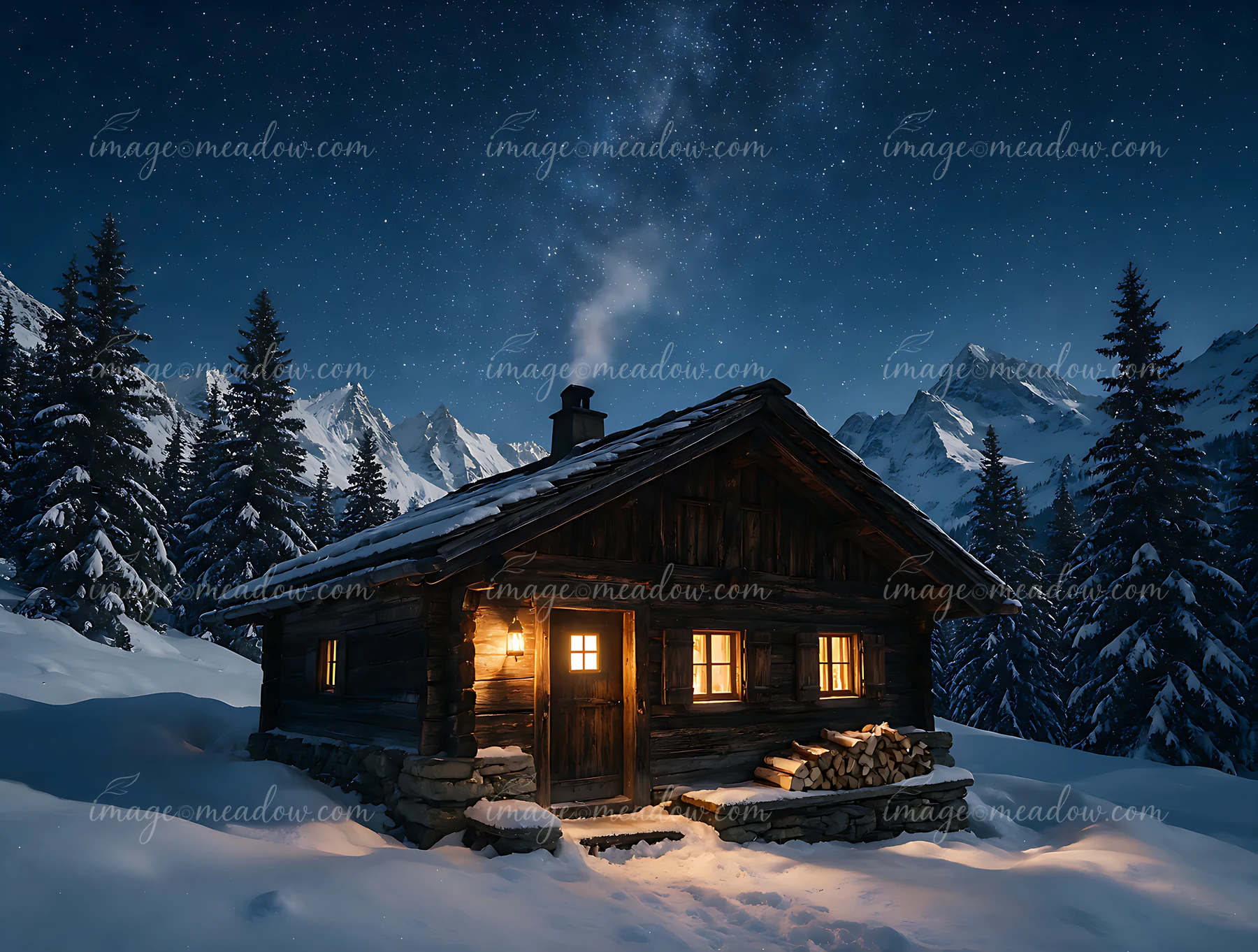 A cabin sits in the snowy Swiss mountains as stars fill the night sky.