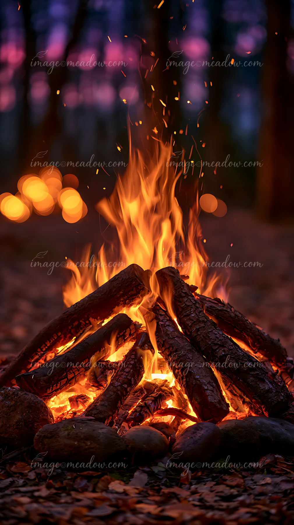A campfire is burning brightly in the woods, with flames rising high and sparks flying.